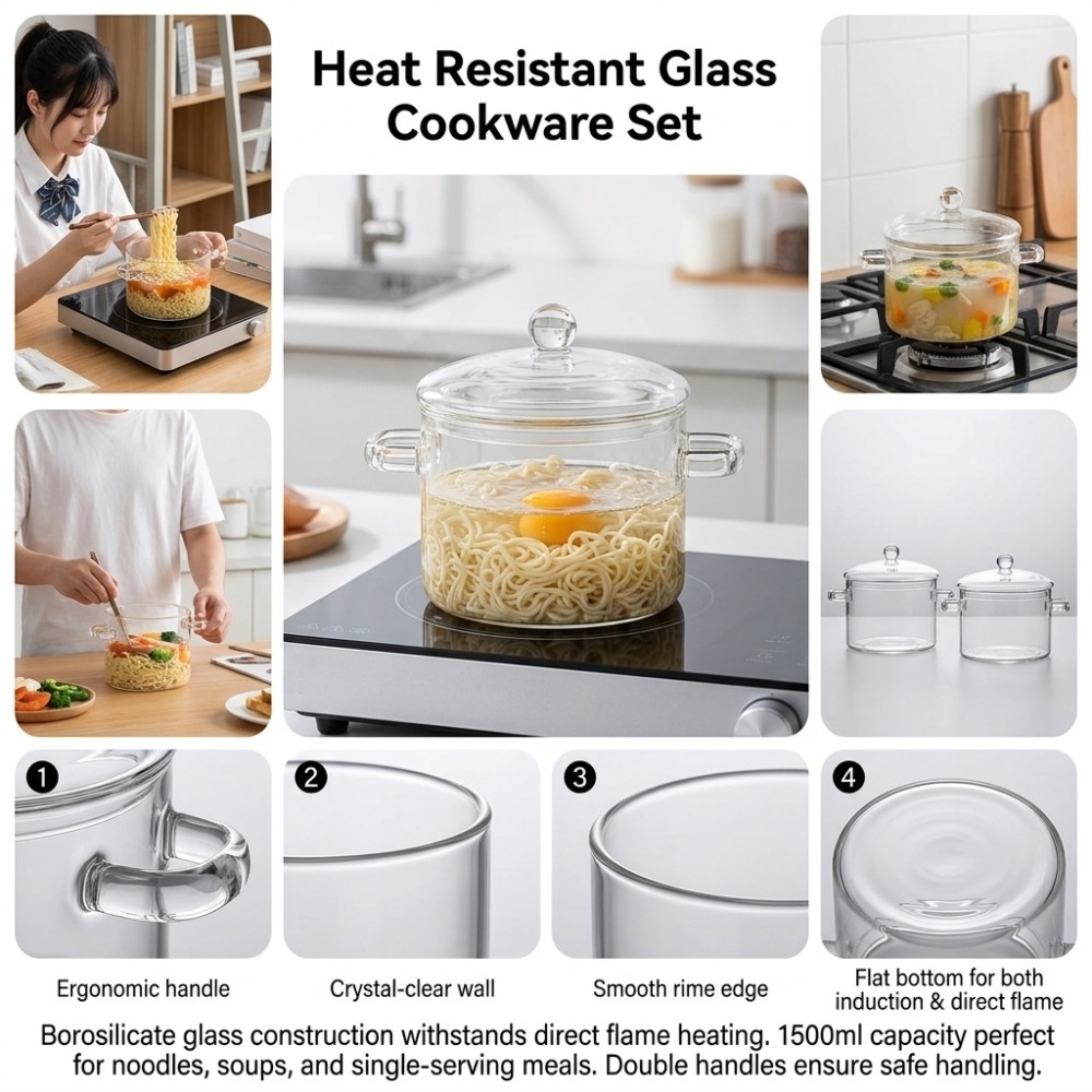 Borosilicate Glass Cooking Pot 1500ml Heat Resistant Stew Pan for Kitchen 2 Pack