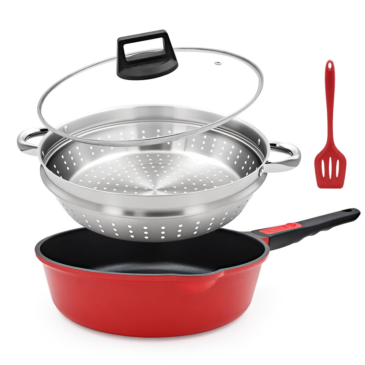 11 Inch Nonstick Frying Pan Skillet with Steamer 4.5 Qt Deep Saute Pan Lid