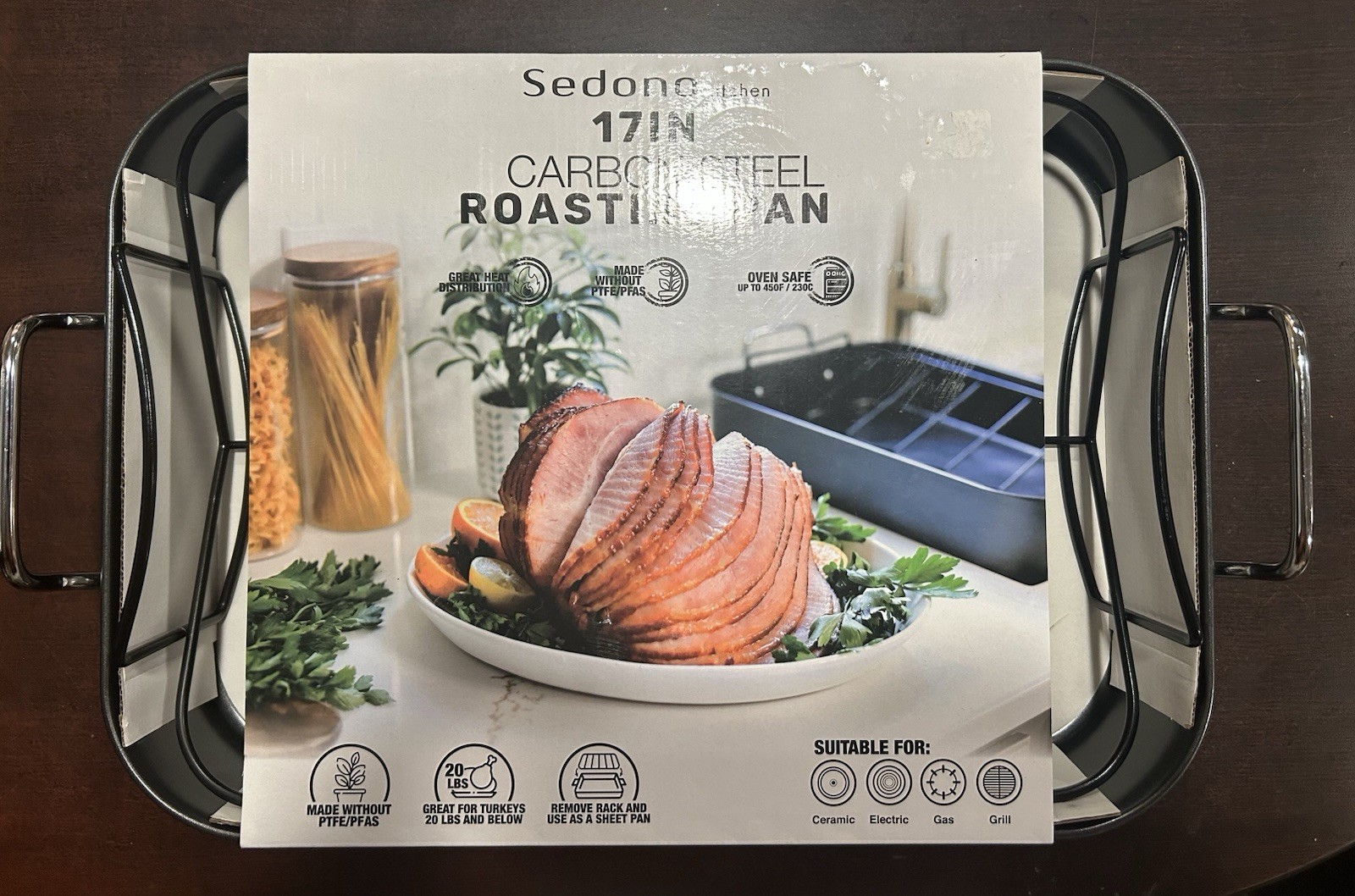 Sedona Kitchen 17″ Roasting Pan w Rack Nonstick Carbon Steel Holds 25 lb