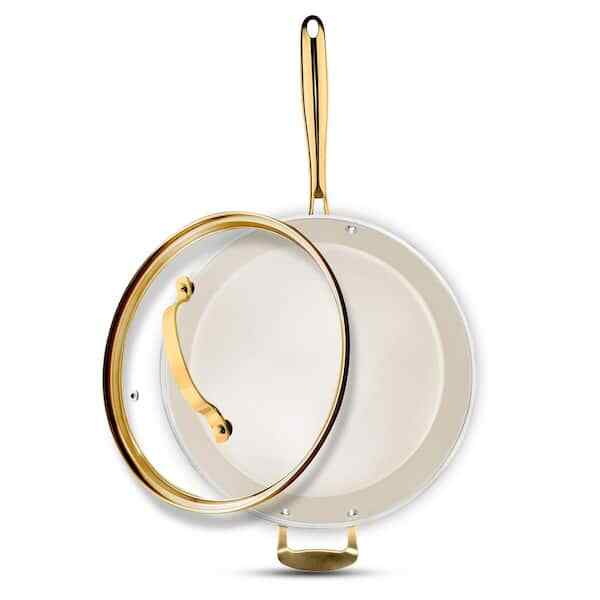 14 in. Aluminum Ceramic Nonstick Frying Pan in Cream with Lid and Gold Handle
