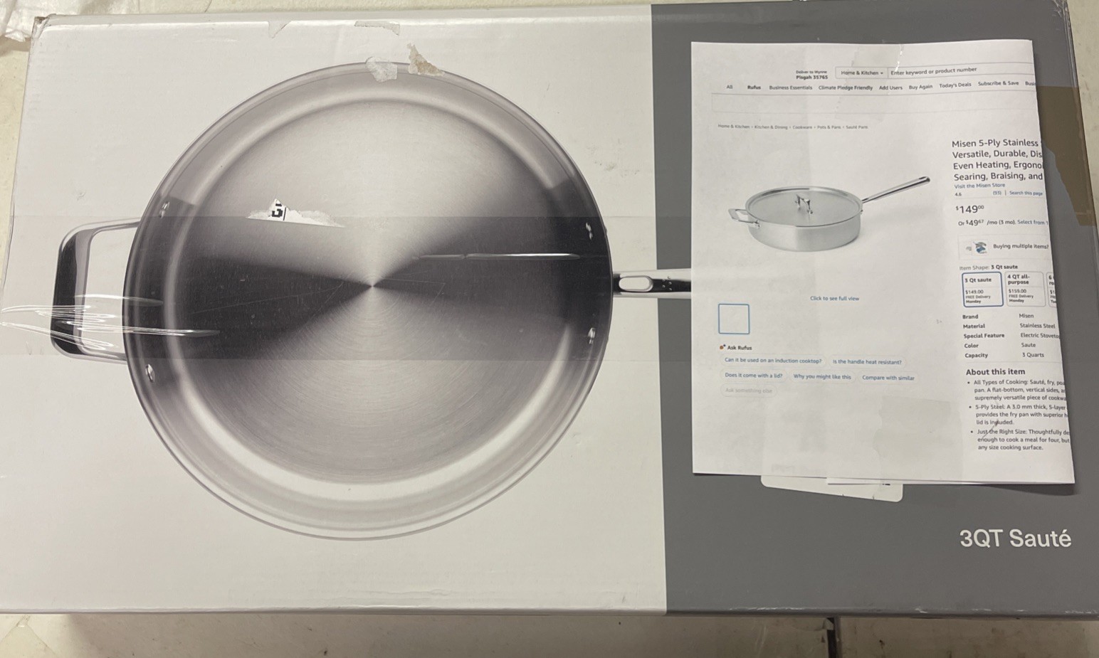 Misen 5-Ply Stainless Steel 3 Quart Sauté Pan with Lid New Saute
