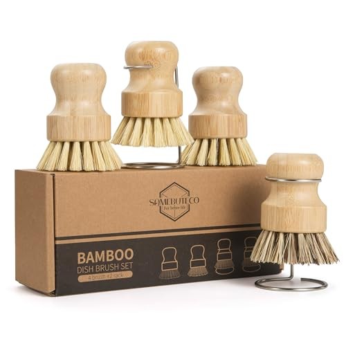 6-Piece Bamboo Dish Brush Set with 2X Fast-Dry Stainless Steel