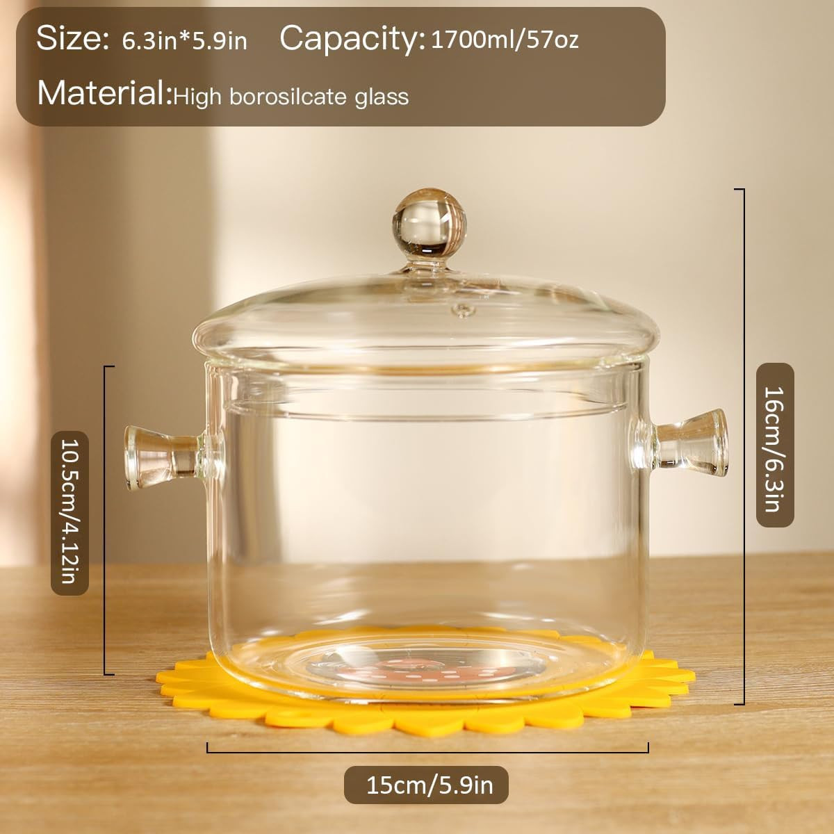 Glass Cooking Pots,1.7L/57OZ Heat Resistant Glass Saucepan with Cover, Pots for