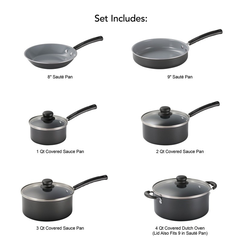 10 Piece Nonstick Ceramic Cookware Set W/ Stay Cool Handles & Glass Lids