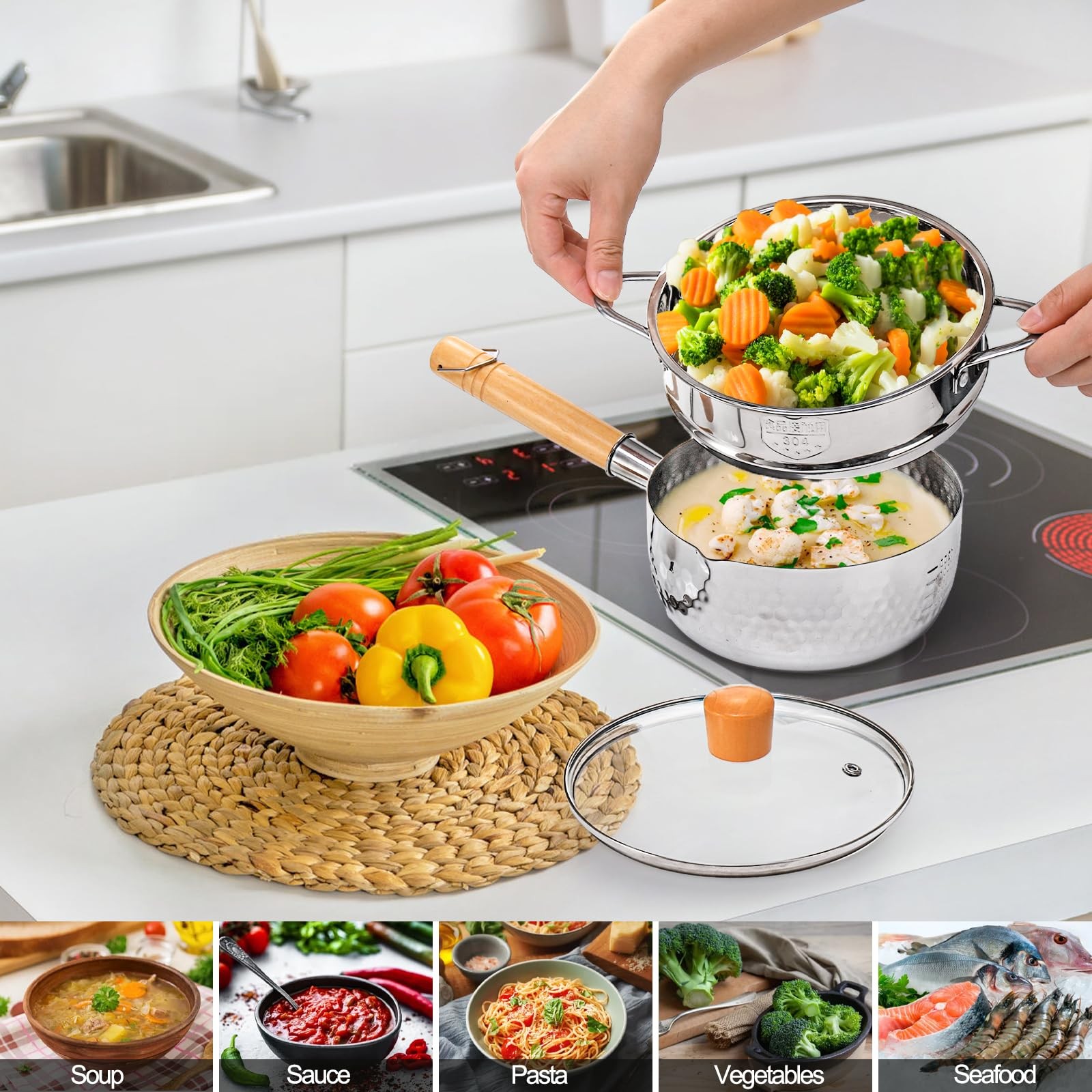 DEAYOU Stainless Steel Saucepan with Steamer, 1.2 Quart Yukihira Sauce Pan wi…
