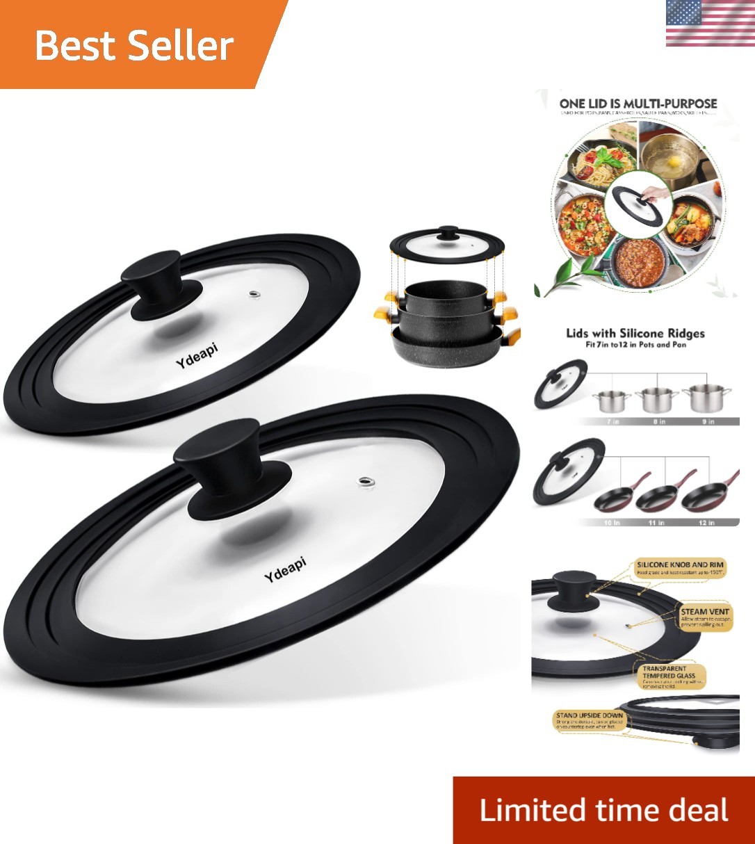 Universal Cookware Lids Set – Tempered Glass & Silicone – Fits 7″ to 12″ Pans
