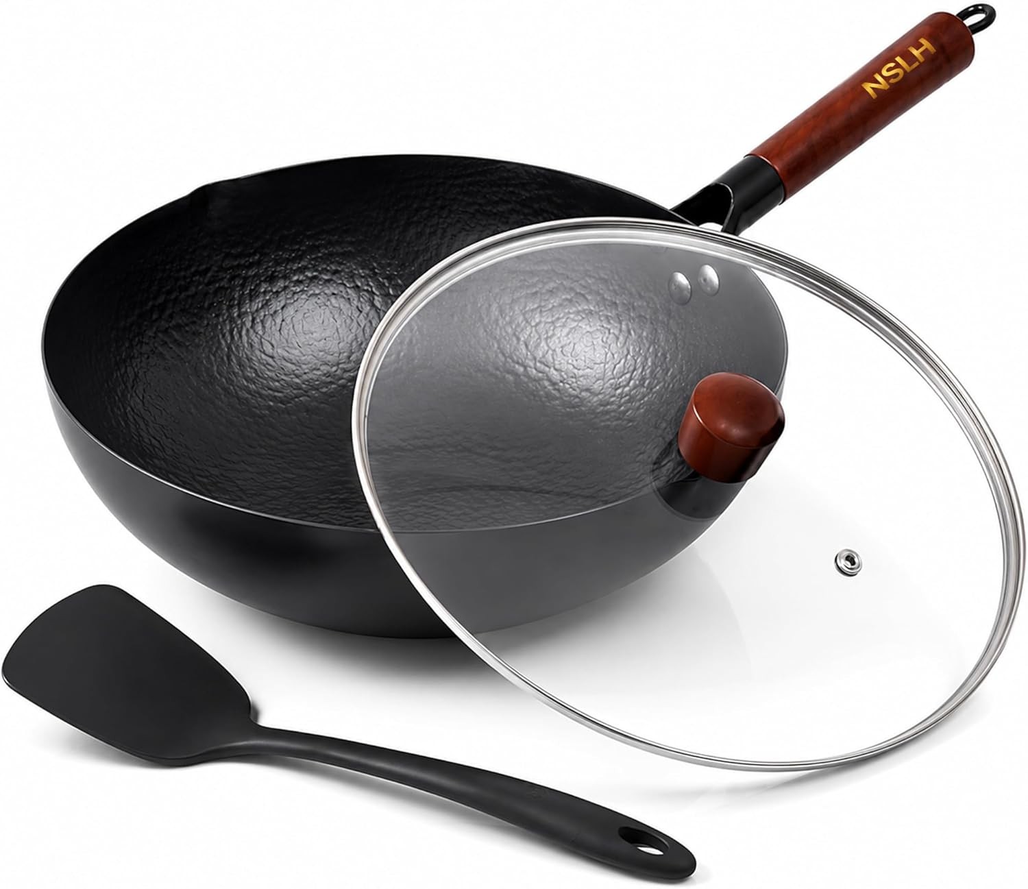 12.6 Inch Carbon Steel Wok Pan with Glass Cover, Pre-Seasoned Nonstick Flat