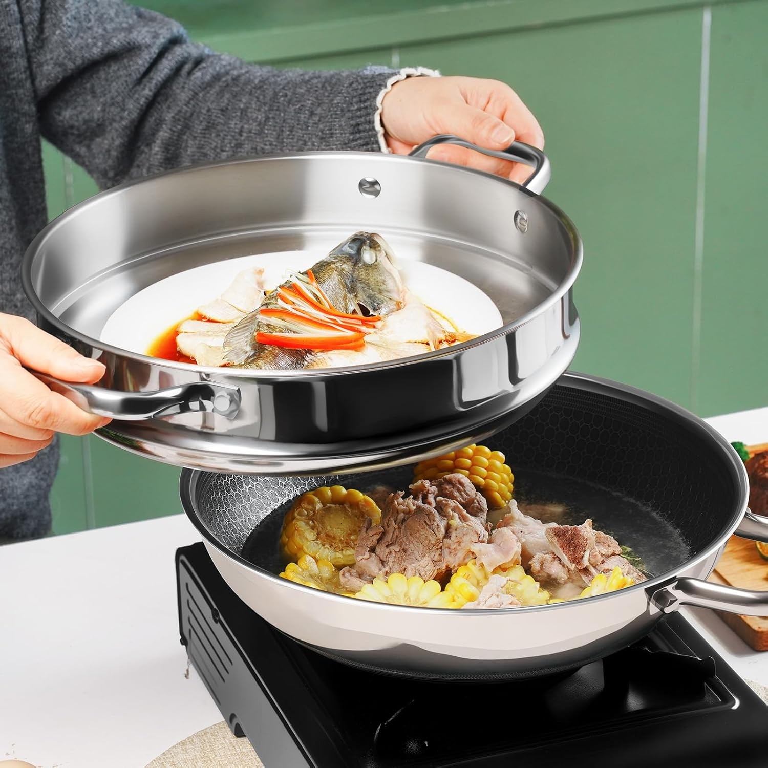 Hybrid 12-Inch Wok with Steer,Nonsti Stainl Steel Woks &