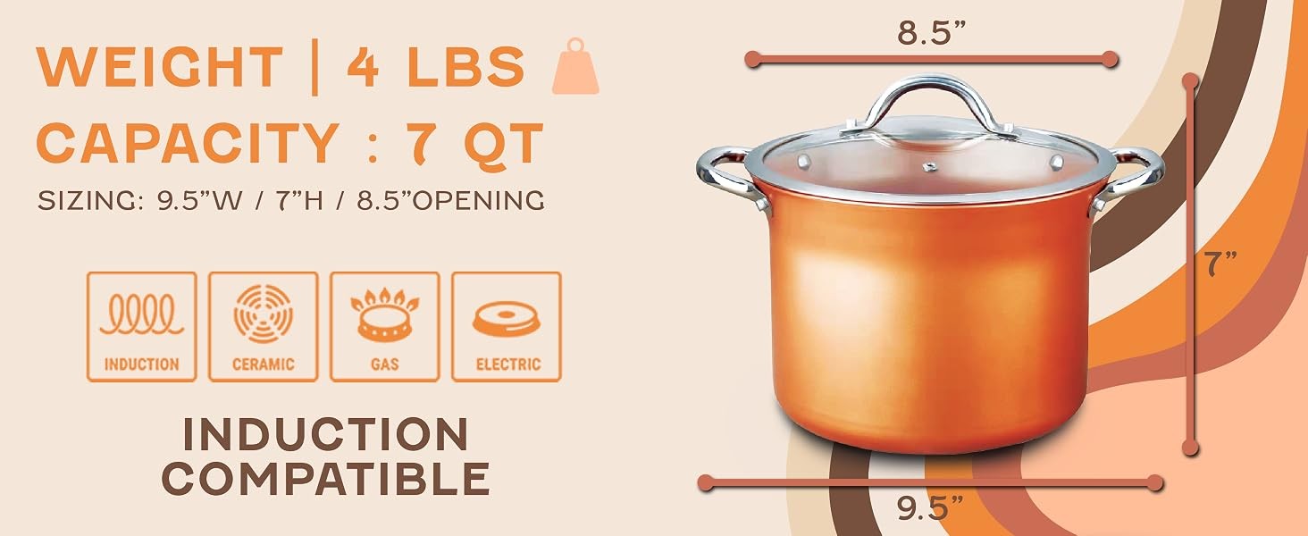 CONCORD 7 QT Copper Non Stick Stock Pot Casserole Coppe-Ramic Series Cookware