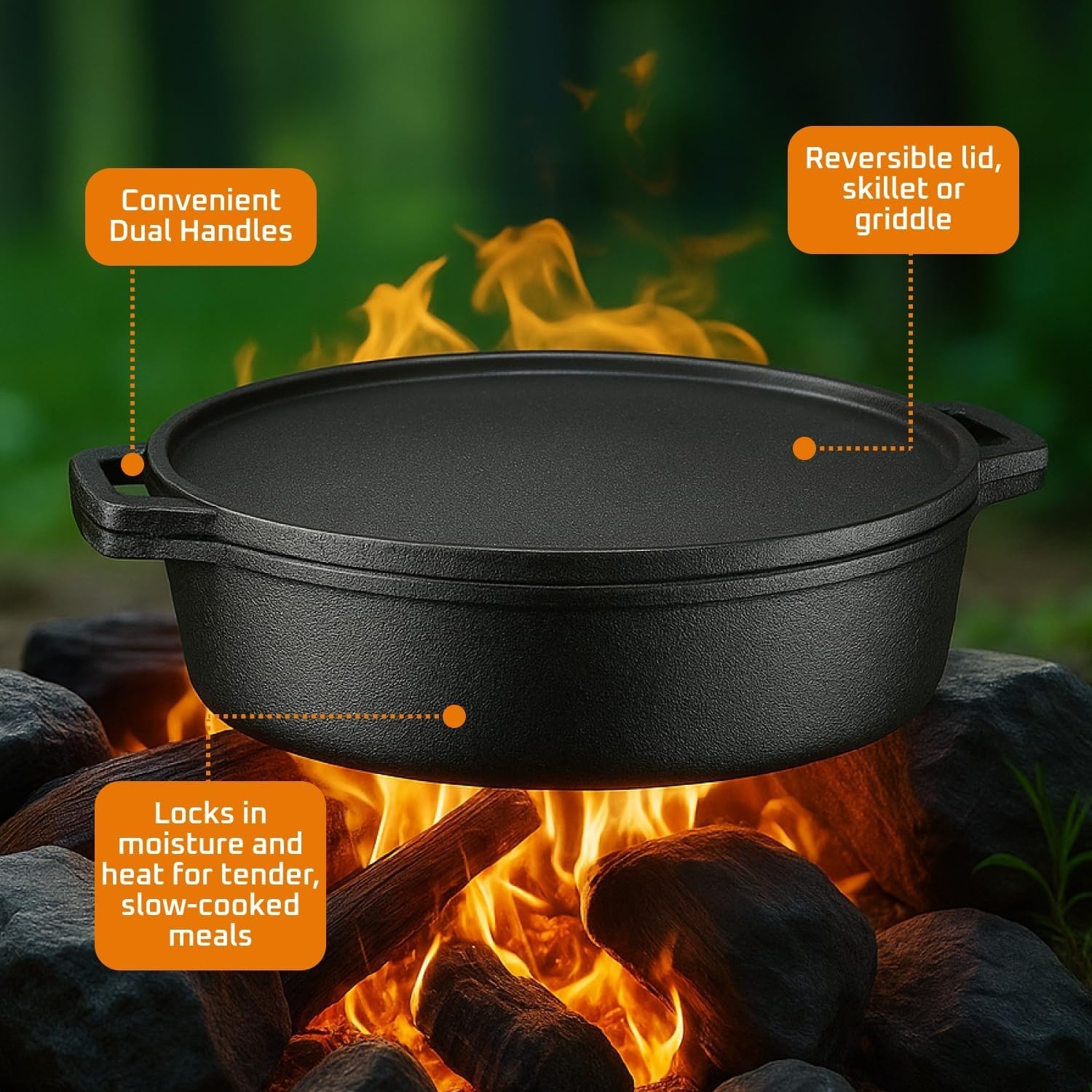 6.8 Quart Cast Iron Skillet W/ Reversible Grill Griddle Lid 3-in-1 Round