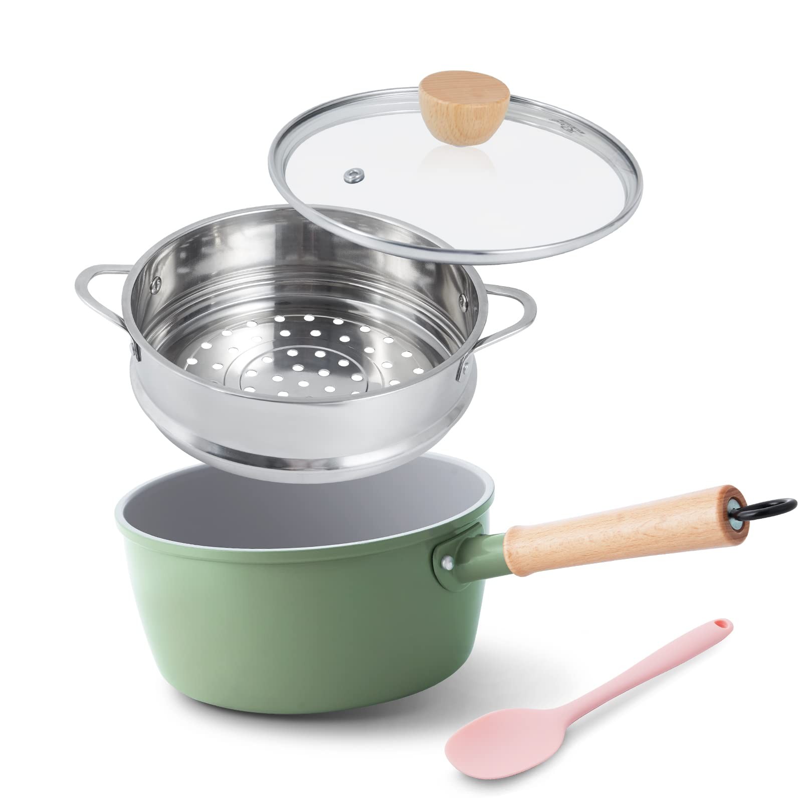 2 Qt Ceramic Nonstick Sauce Pan, Green, Lid, Steamer, Wooden Handle, PFAS-Free