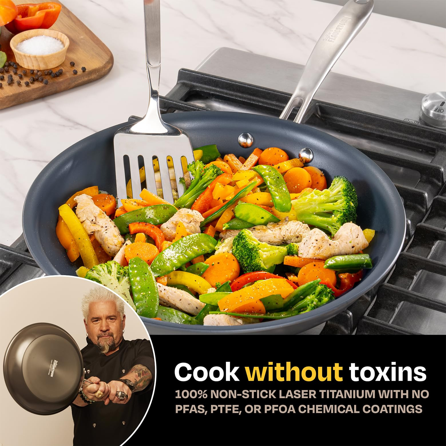 Guy Fieri’s Flavortown Laser Titanium 2 Pcs Fry Pan Set 8.5″ and 10″ – Non-st…