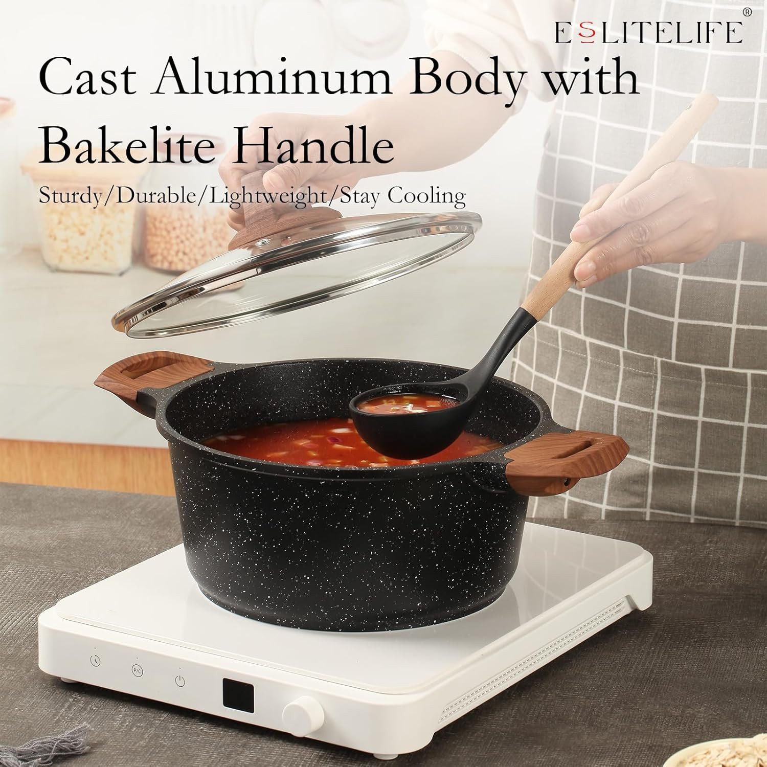ESLITE LIFE Nonstick Stock Pot with Lid, 5 Quart Granite Casserole Large Soup Po
