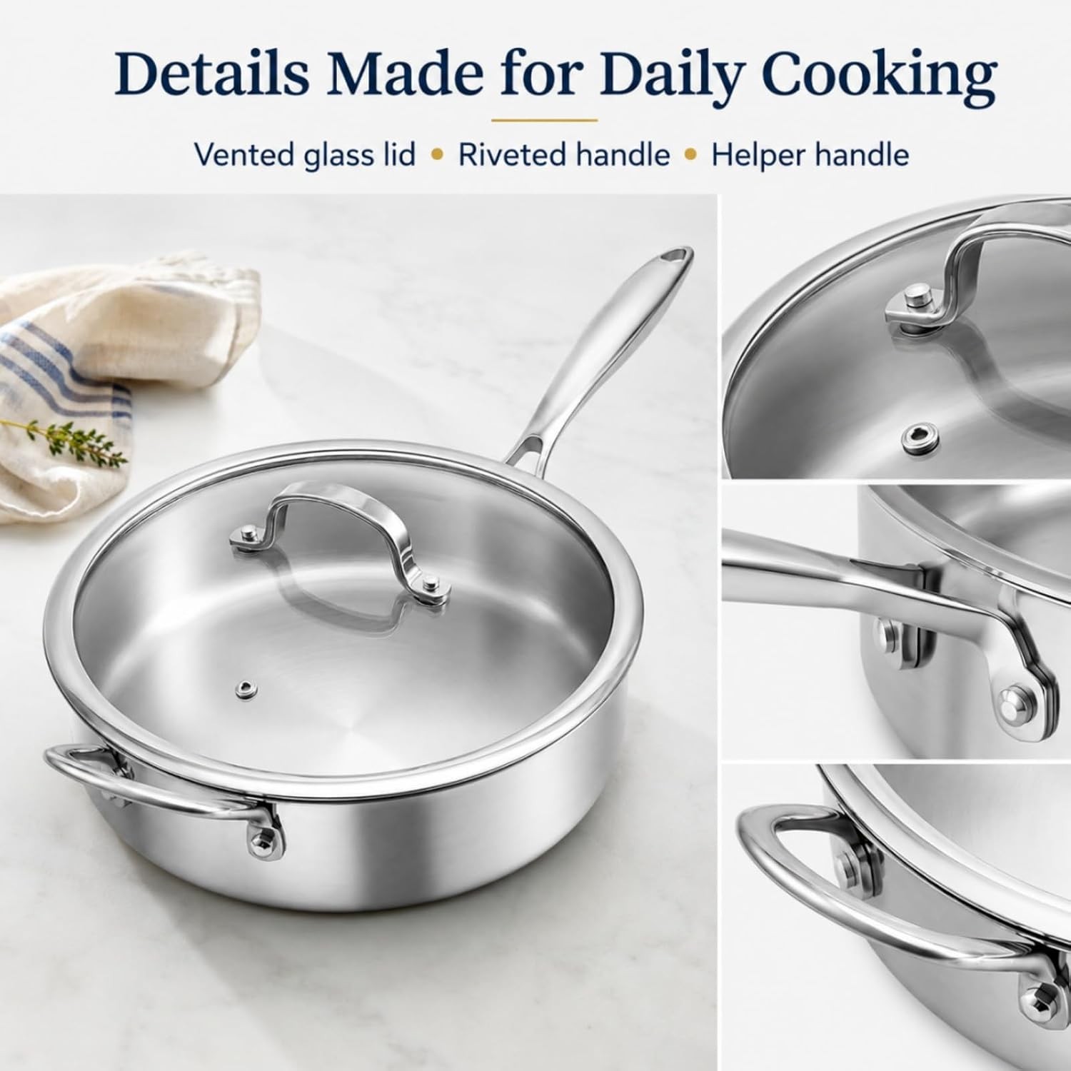11 Inch Tri-Ply Stainless Steel Saute Pan with Glass Lid, 4.7 QT Deep Skillet