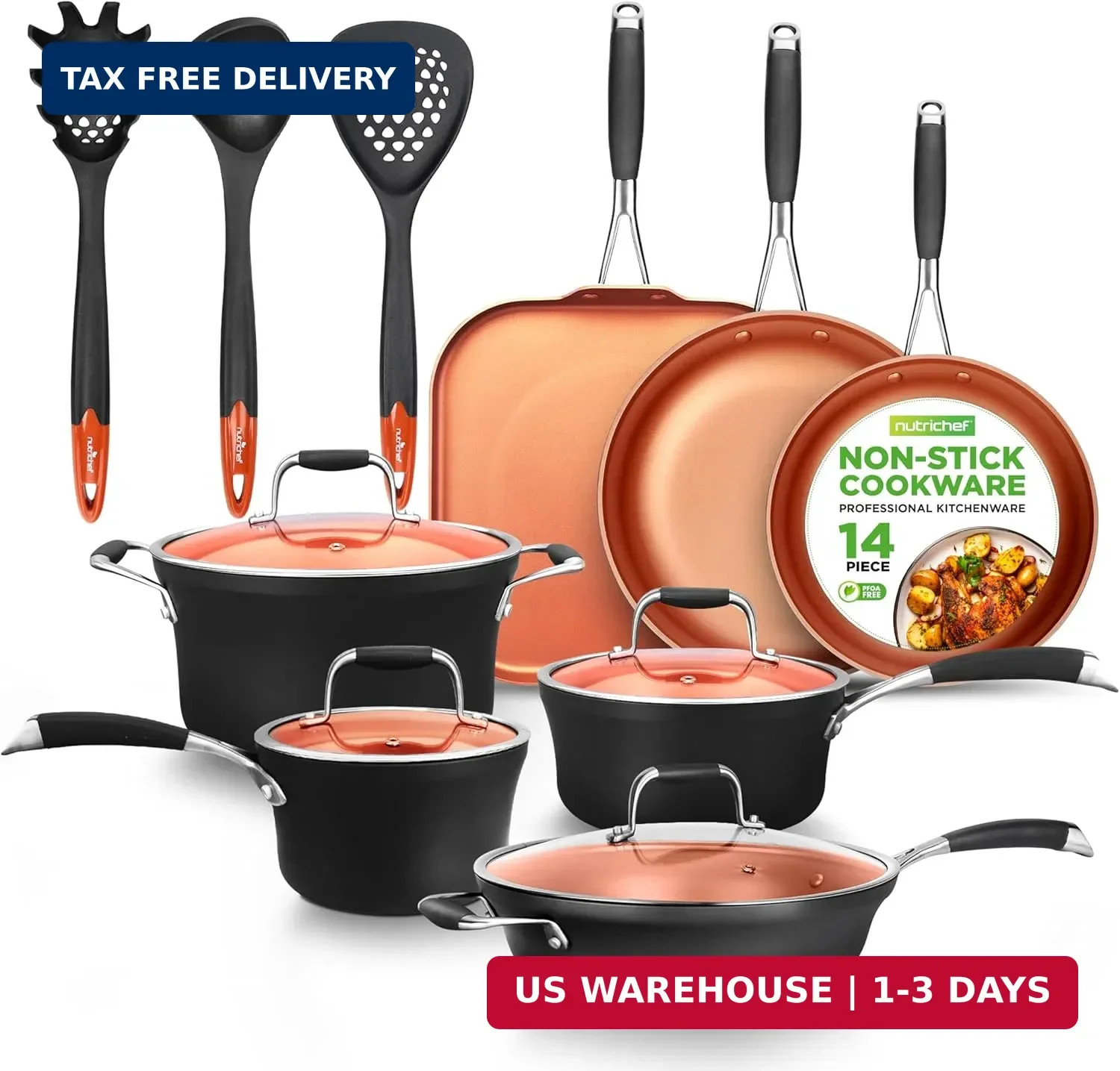 NutriChef 14-Piece Nonstick Kitchen Cookware Set – PFOA/PFOS-Free, Copper/Hard-A