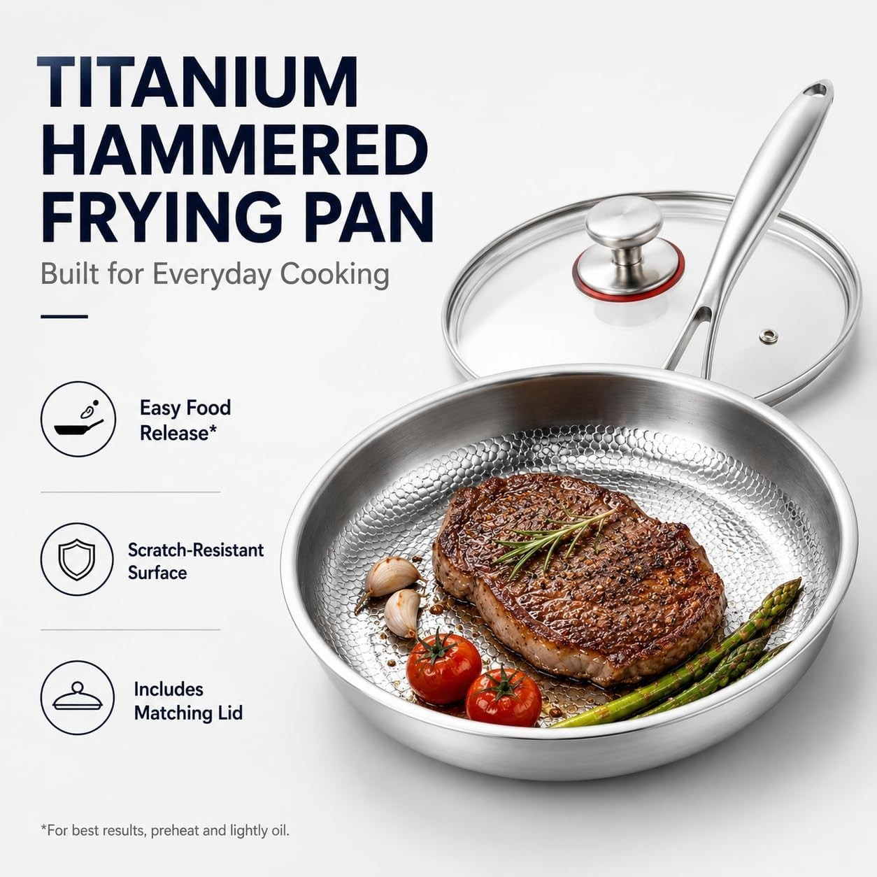 10.2In Titanium Hammered Pan Pro for Cooking, Titanium Pan with Lid