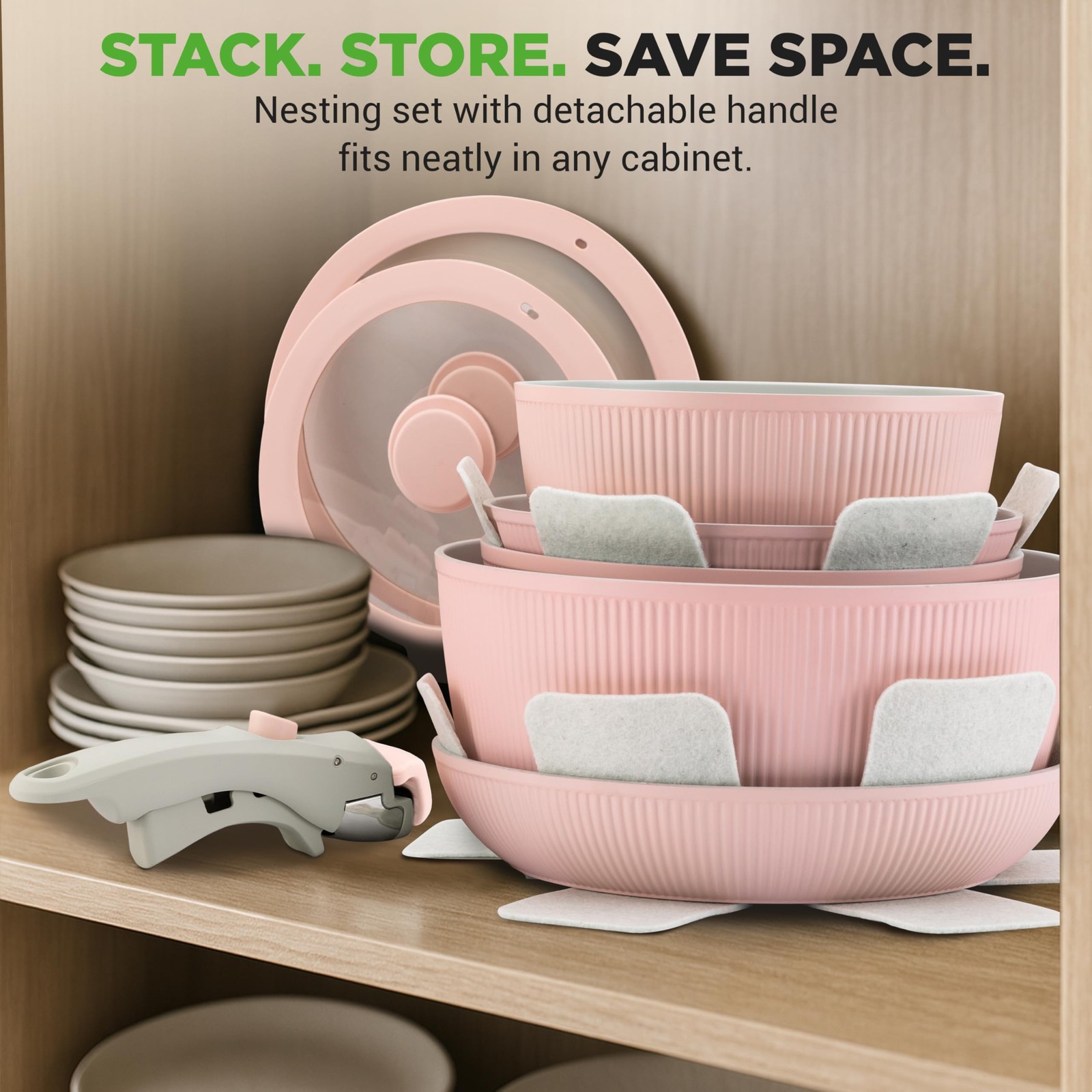 NutriChef 18-Piece Ceramic Cookware Set Detachable Handles Pink