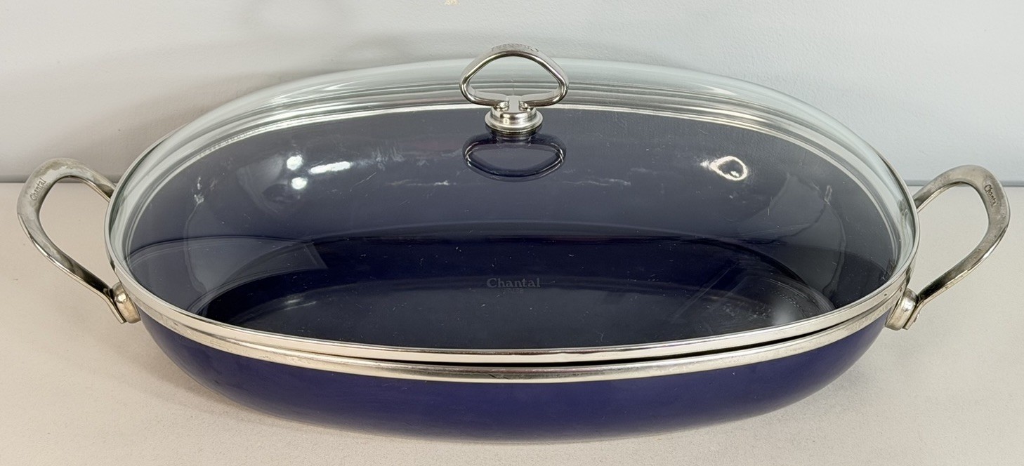 Chantal Cookware Large 15″ X 10.5″ Blue Enamel Steel Stovetop Pan With Glass Lid