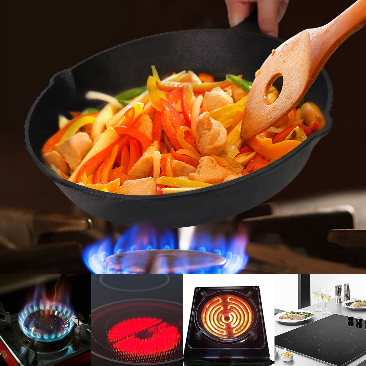 Frying Pan -Set of 3 Cast Iron Skillet w/ 10”/8”/6” Sizes -Nonstick Cookware