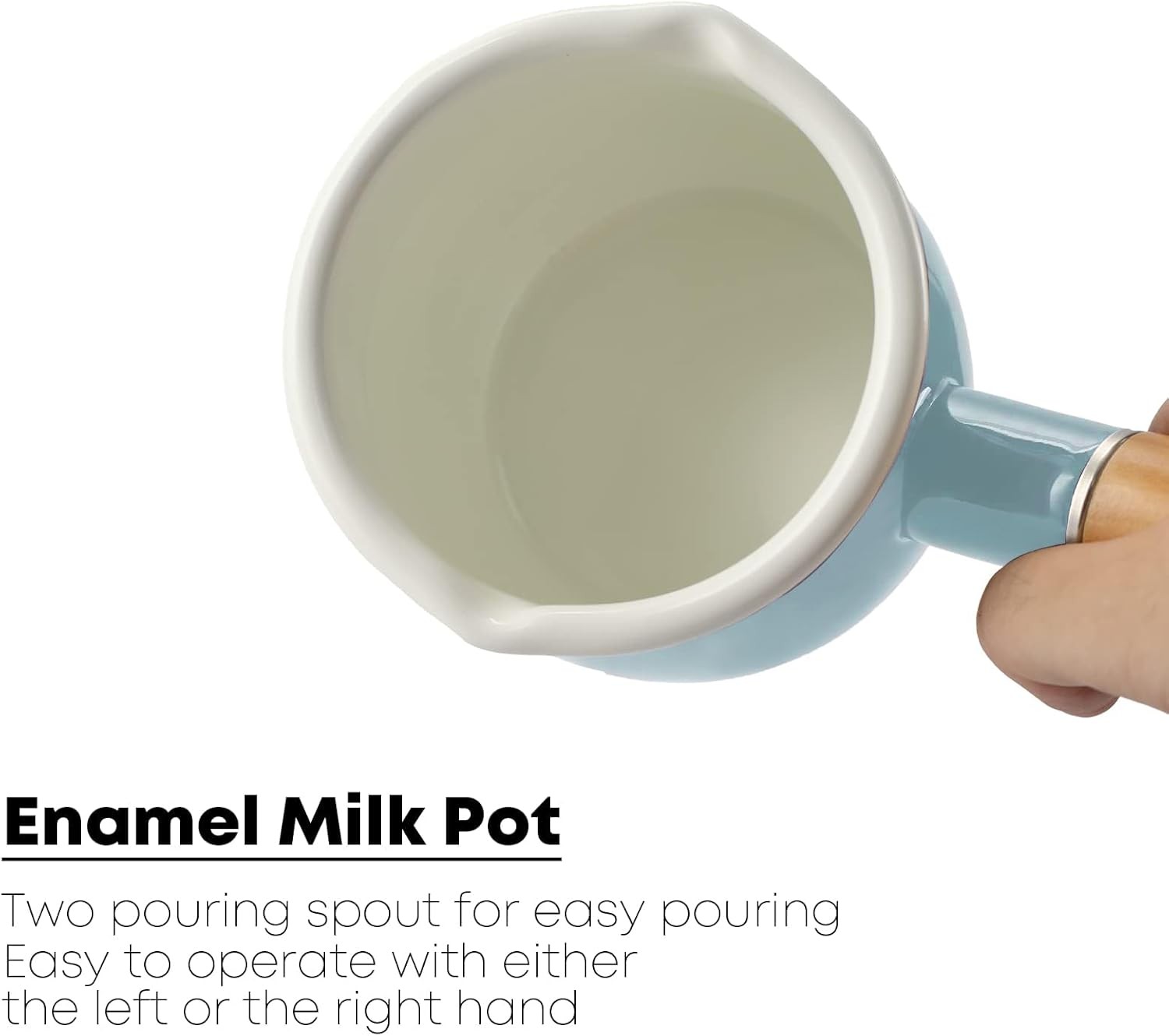 0.6qt Mini Enamel Milk Pot Insulated Wooden Handle 2 Pour Spouts Small Food