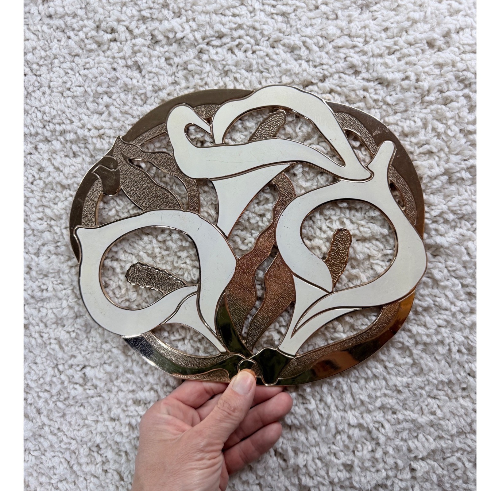 Vintage Japan Calla Lily Trivet Kitchen 8in Gold Cream Good Floral Art Nouveau