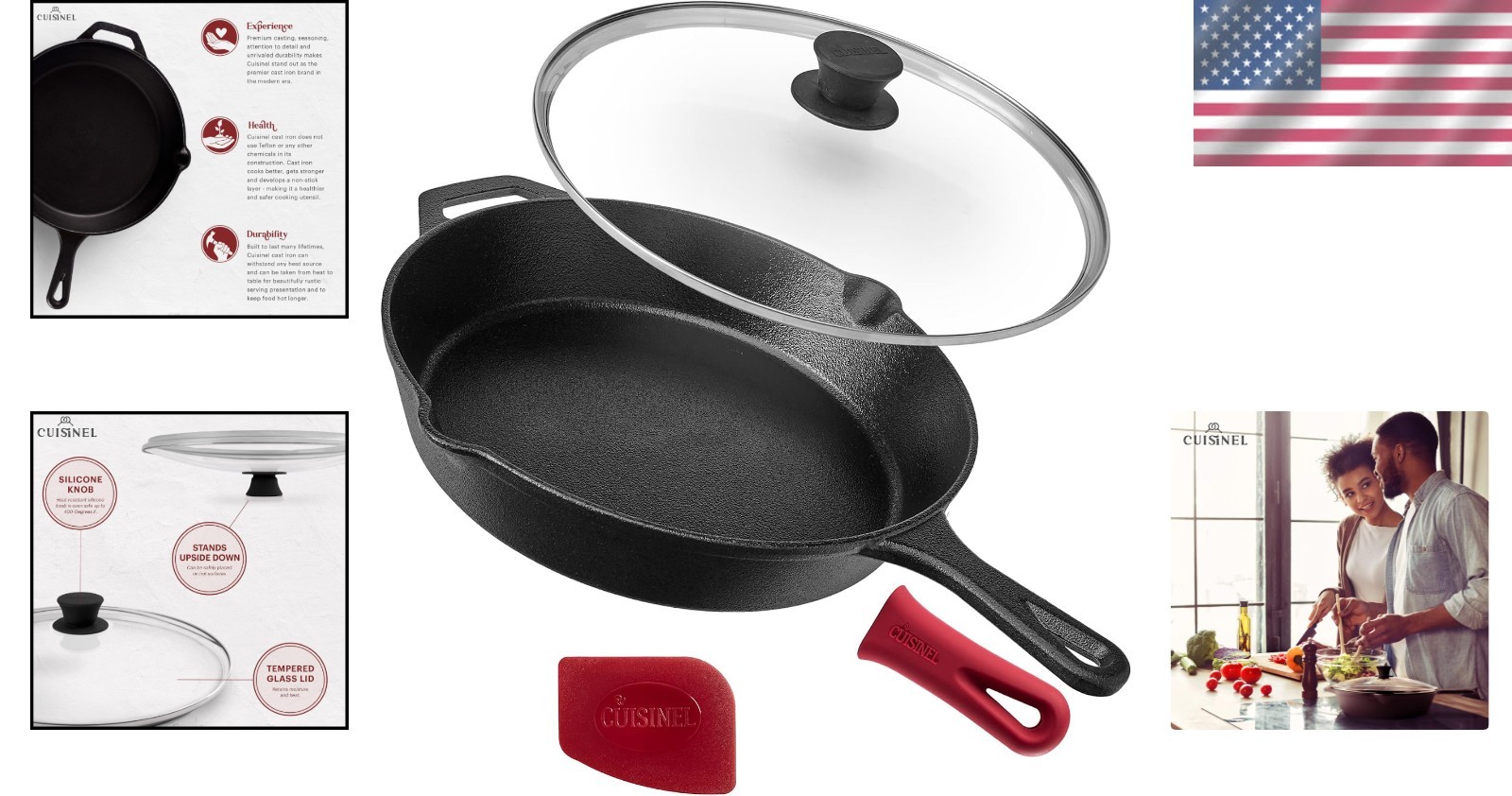 Oven Safe 12-Inch Cast Iron Skillet with Essential Glass Lid and Silicone Holder