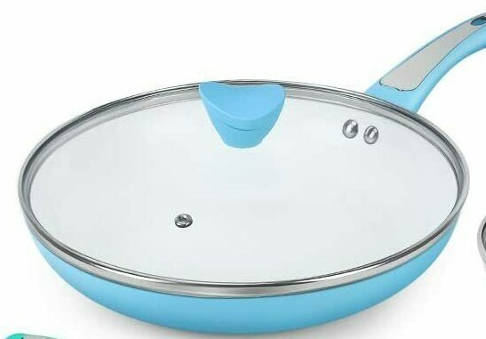 Shineuri ~ 11″ Fry Pan ~ Powder Blue ~ Aluminum ~ Non Stick Frying Pan ~ W/Lid
