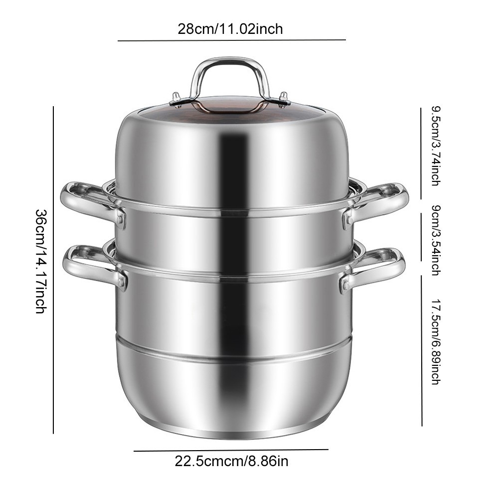 3 Tier Stainless Steel Steamer Cooker Steam Pot Kitchen Food Cooking + Glass Lid
