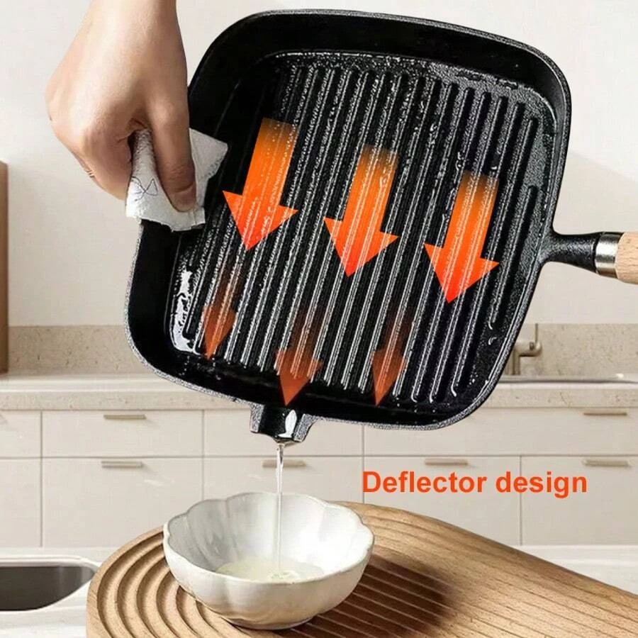 Cast Iron Grill Pan Steak Frying Skillet Wooden Handle BBQ Camping Kitchen