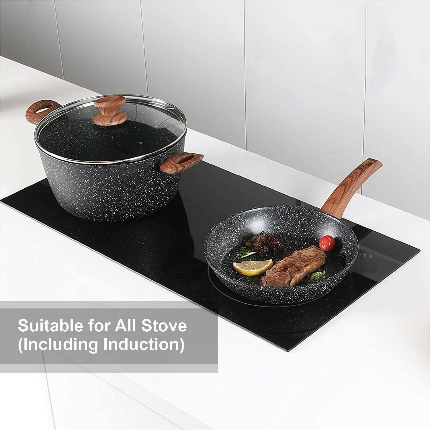 12 Pieces Kitchen Pots & Pans Set Nonstick Cookware Set Granite Coated w/ Lid