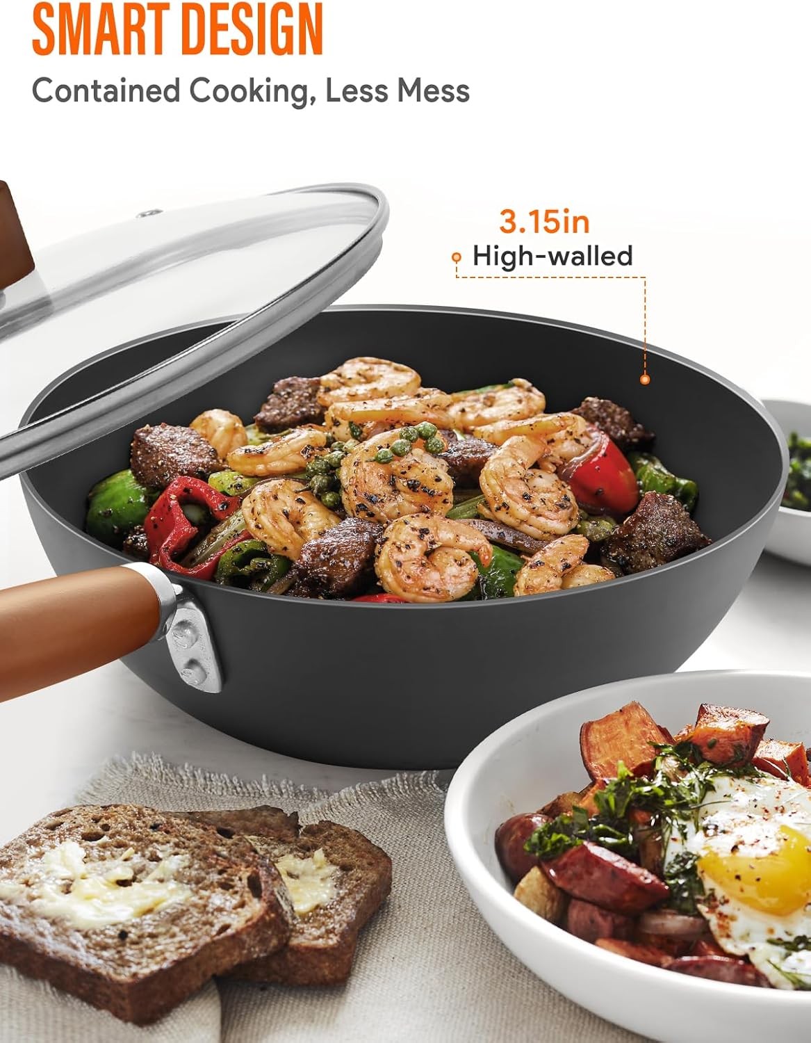 Carbon Steel Wok Pan, 9.5″ Authentic Chinese Stir-Fry Pans Set with Glass