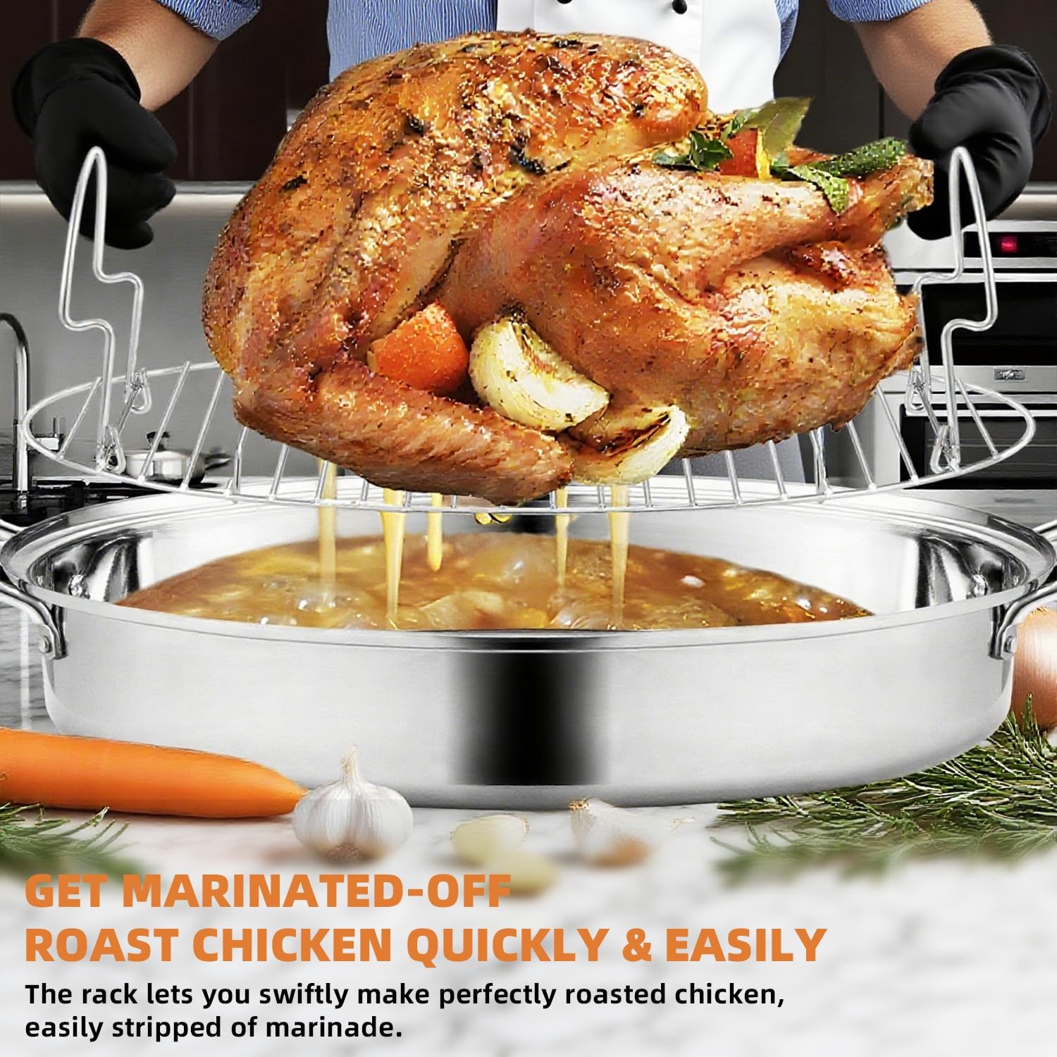 RIDGEPOLE 22” Large Roasting Pan with Rack and Lid, Stainless 22″, Sliver