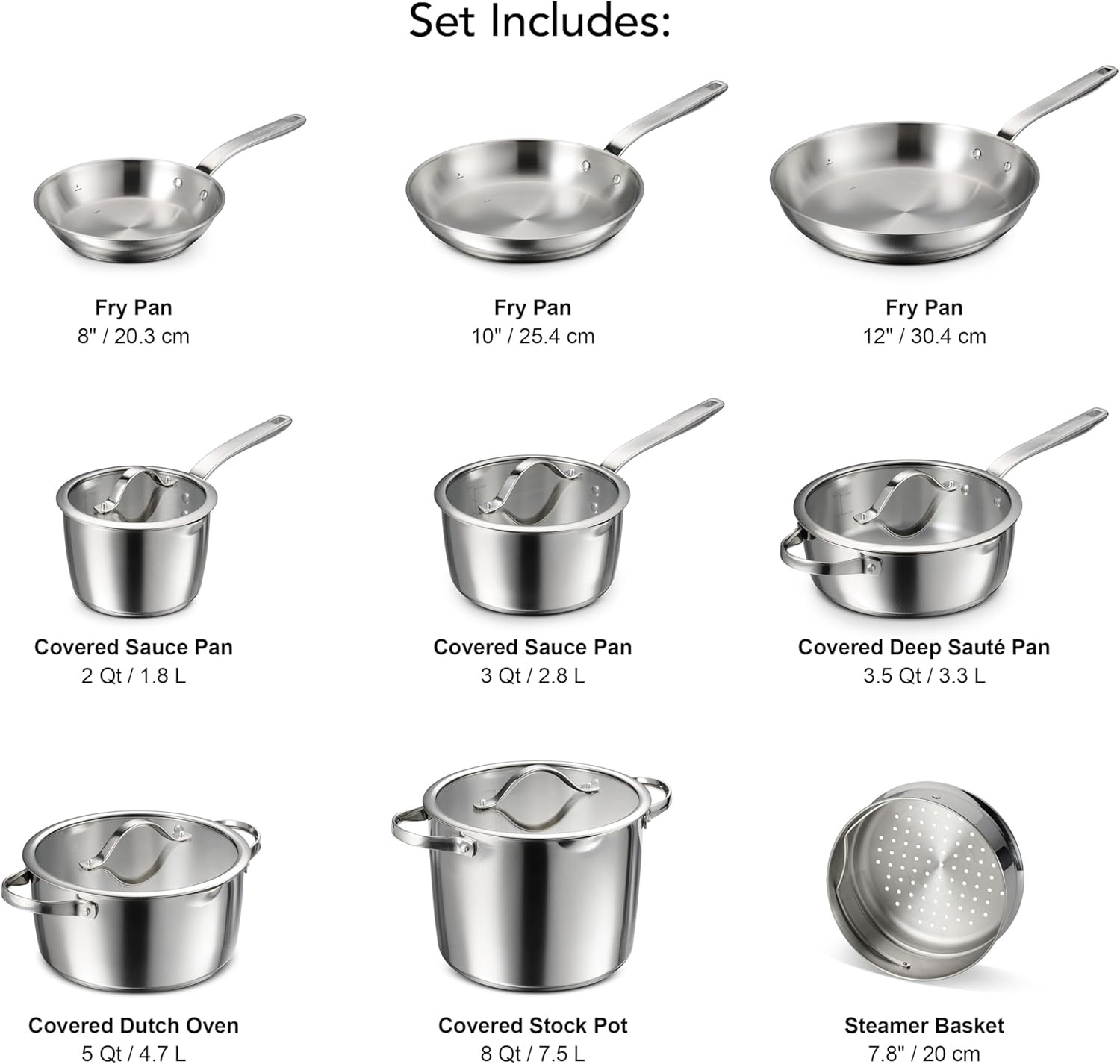 14-Piece Tri-Ply Stainless Steel Cookware Set with Glass Lids