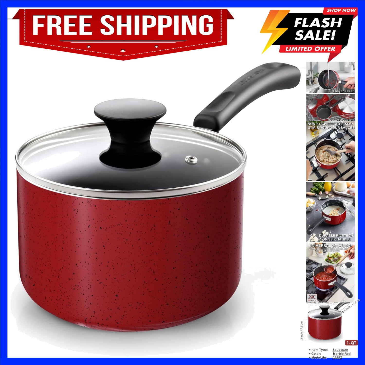 Basic 1 Quart Nonstick Saucepan with Glass Lid, Small Non Stick Aluminum Sauc…