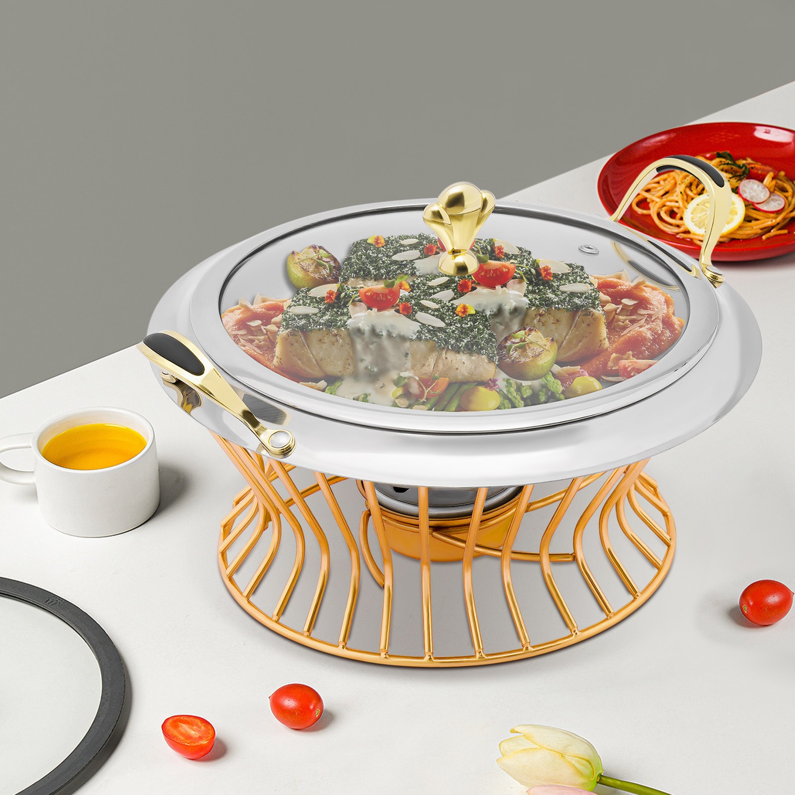 2L Chafing Dish Stainless Steel Circular Buffet Catering Warmers W/ Fuel Holder