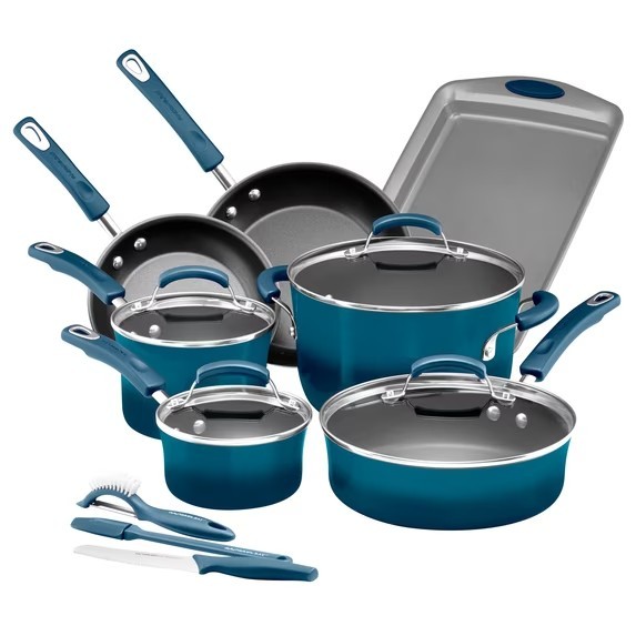 Rachael Ray 14-Piece Classic Bright’s Hard Enamel Nonstick Cookware Set Marine B