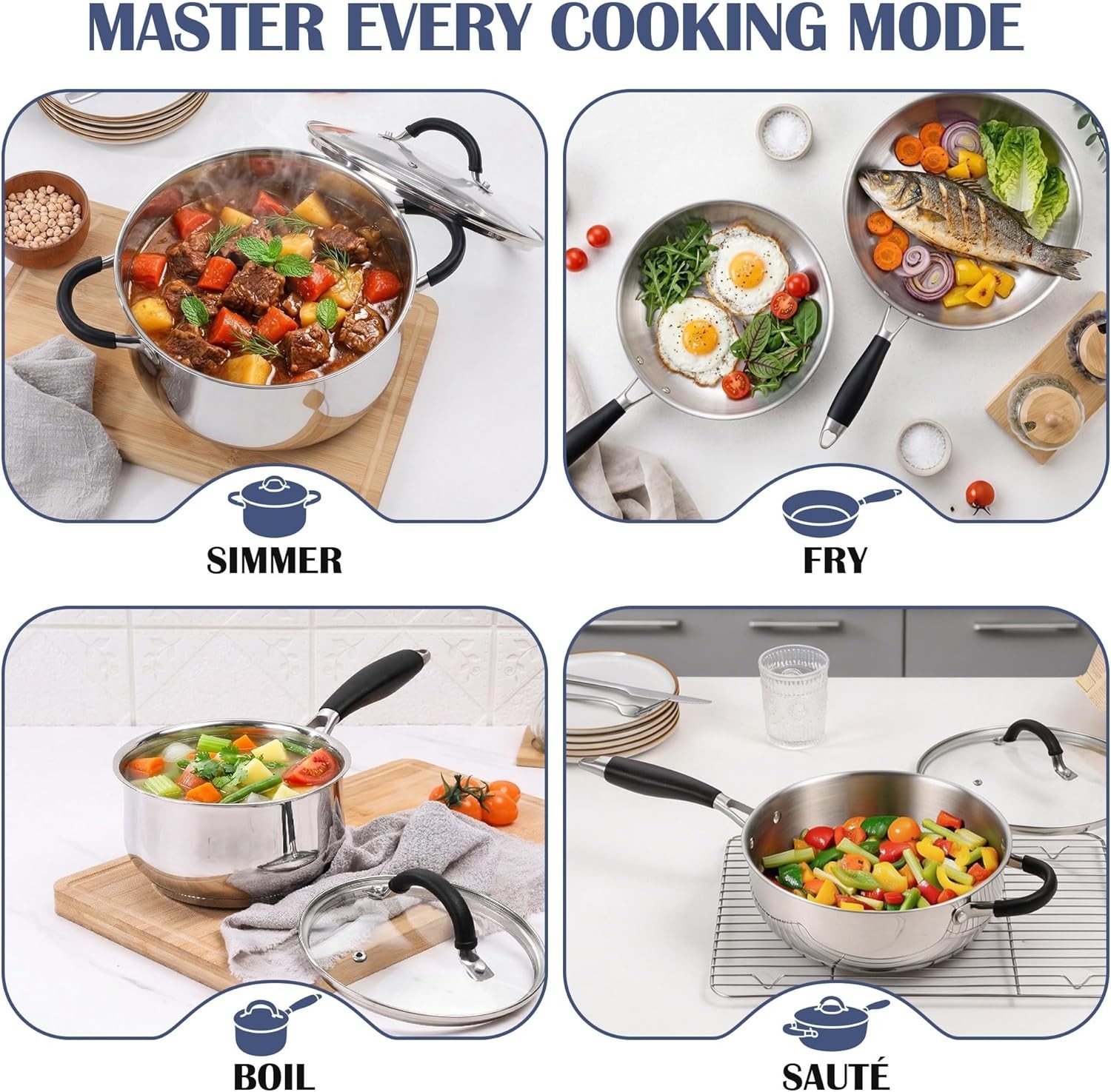 10-Piece Stainless Steel Cookware Set – Induction Tri-Ply Base Pots and Pans,…