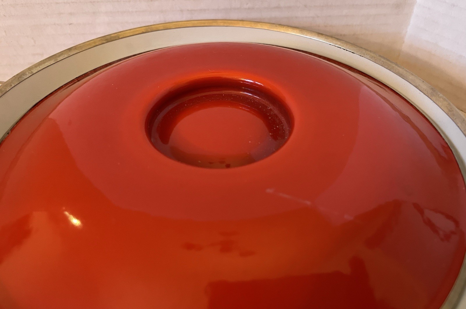 Vintage MCM Red & White Lotus Enamelware Pot w Lid Silver Metal Trim 7” Danish
