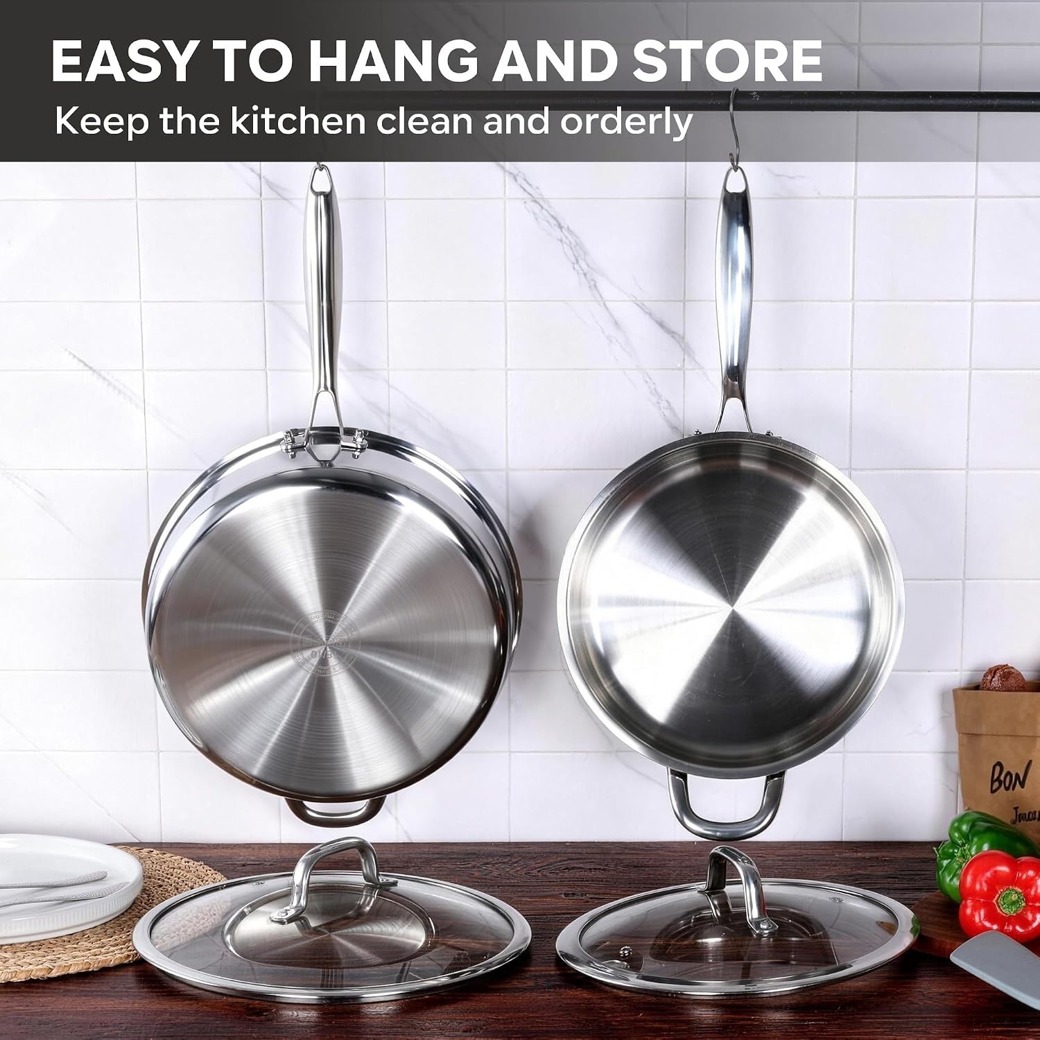 10 Inch Deep Frying Pan with Lid, 4.5QT Tri-Ply Stainless Steel Saute Pan, Br…