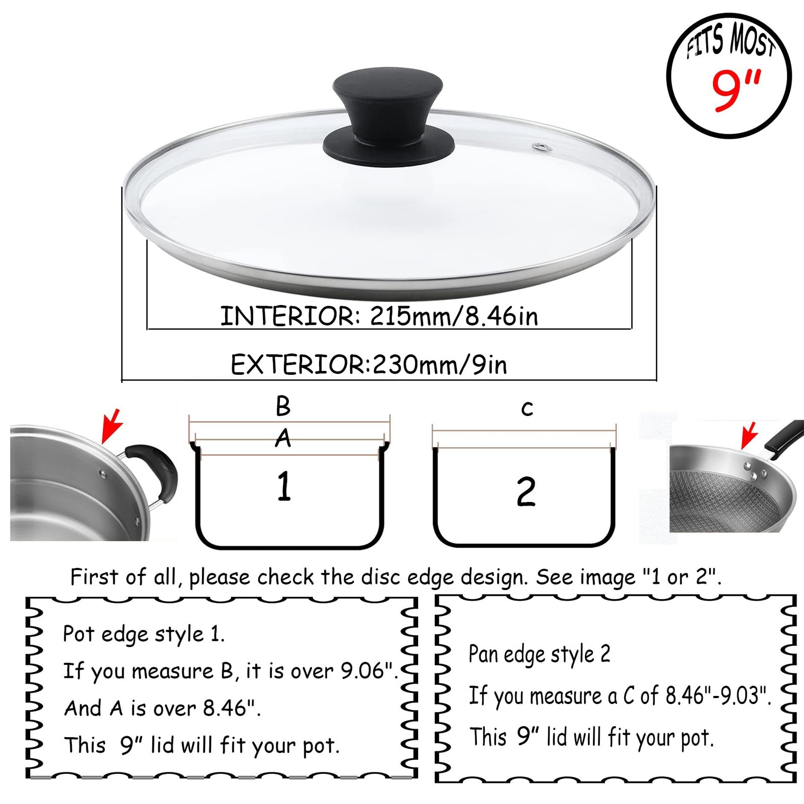 Universal Lid for Pots, Pans and Skillets, 9inch /23cm Clear Glass Pot Lid wi…