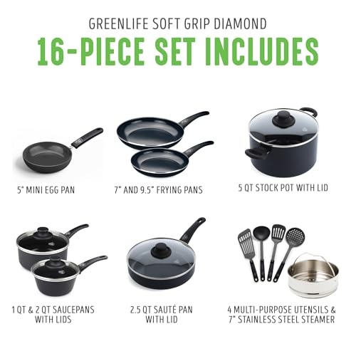 16 Piece Black Diamond Cookware Set Nonstick Eco-Friendly Kitchen Essentials