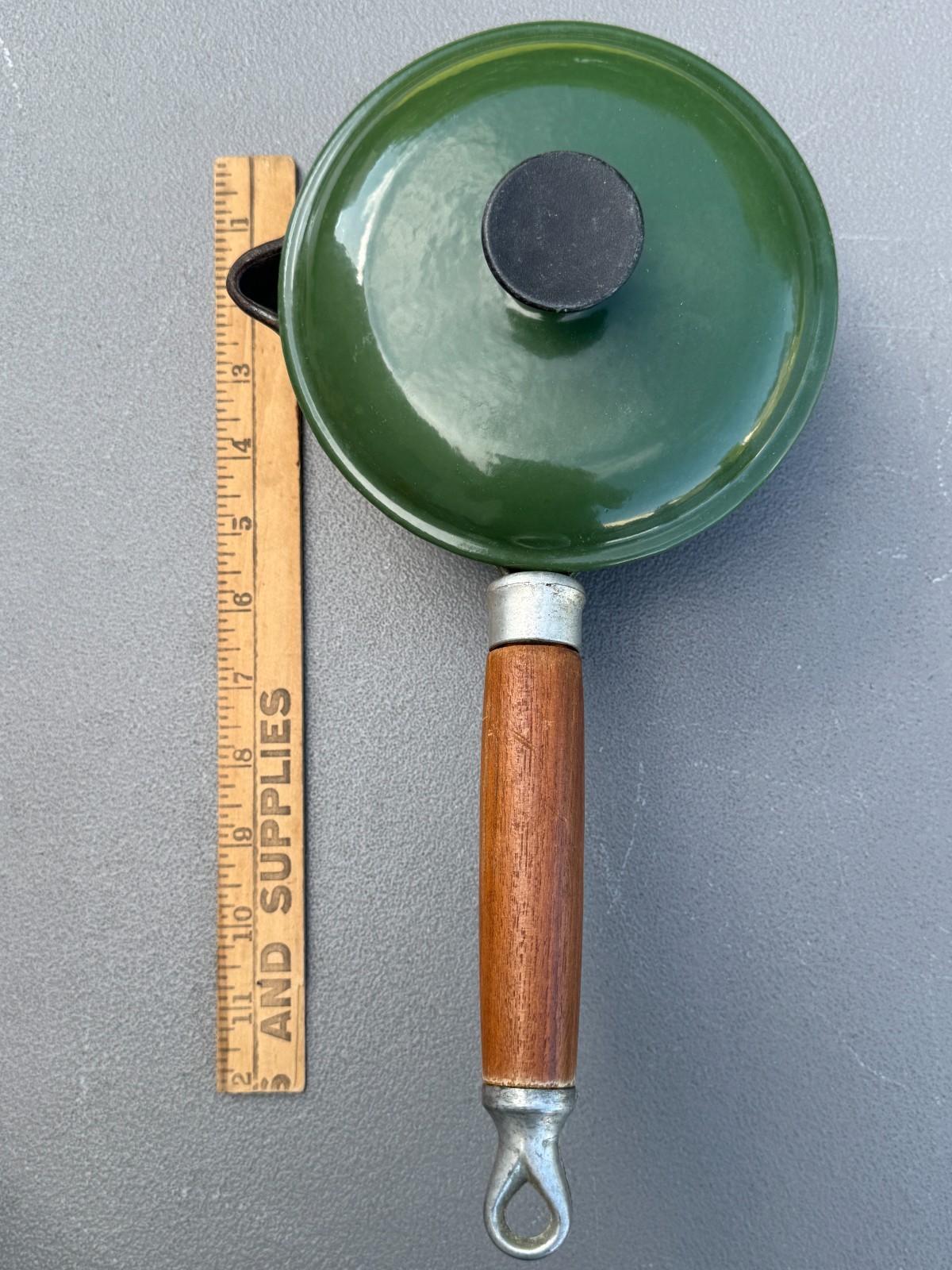 2 Vintage Lavec 1 Quart Saucepans Enameled Cast Iron: Red & Green w/Wood Handles