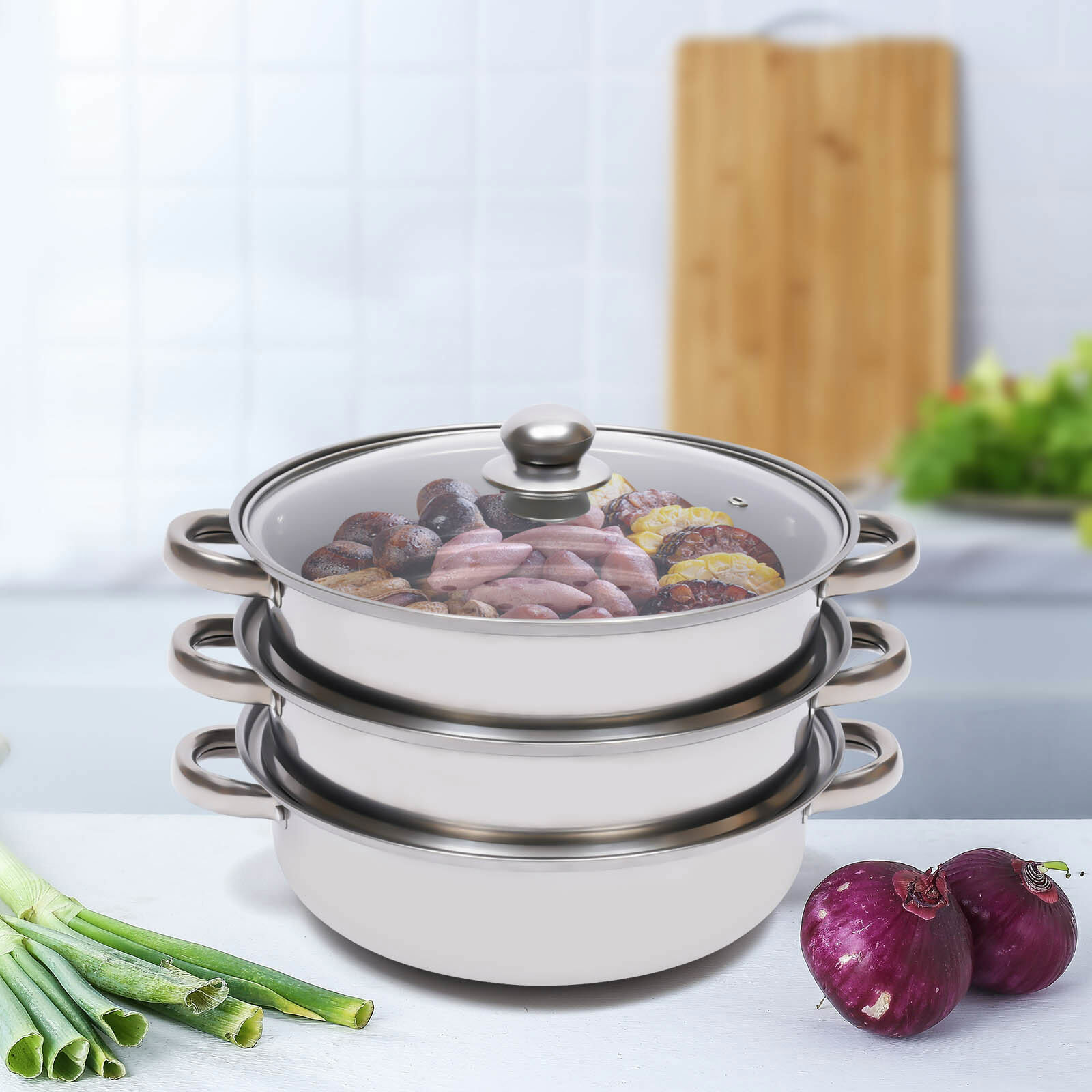 3 Tier Steamer Hot Pot Stainless Steel Cooker Steam Pot Food Cooking + Glass Lid