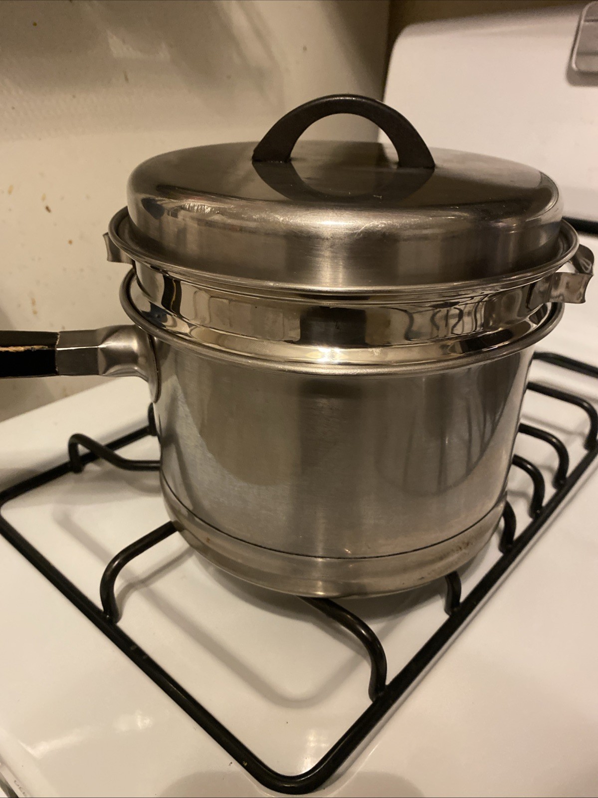 VINTAGE LIFETIME STAINLESS STEEL SAUCE PAN Steamer & Lid 1950s Wood Handle