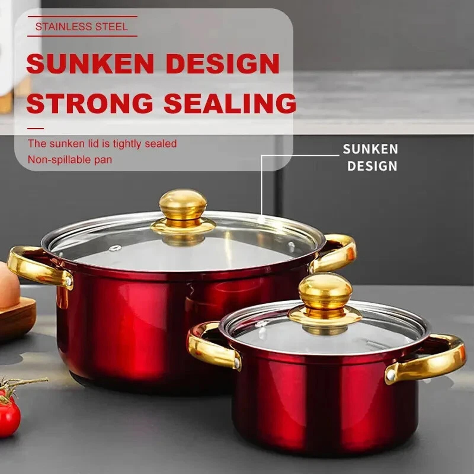 12Pcs Red Stainless Steel Non-Stick Cookware Set Kitchen Pot Frying Pan Saucepan