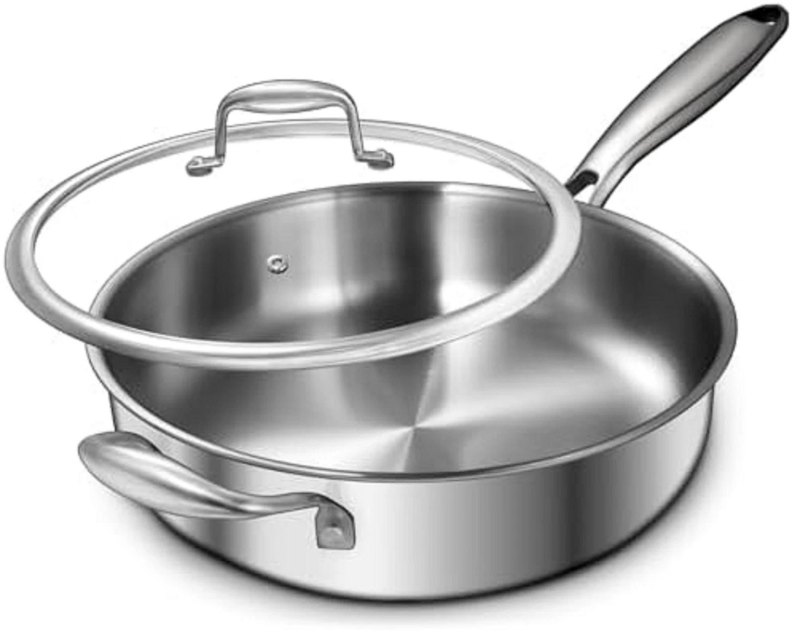 12 Inch Tri-ply Stainless Steel Frying Pan, 5-quart Deep Saute Pan with Lids,…