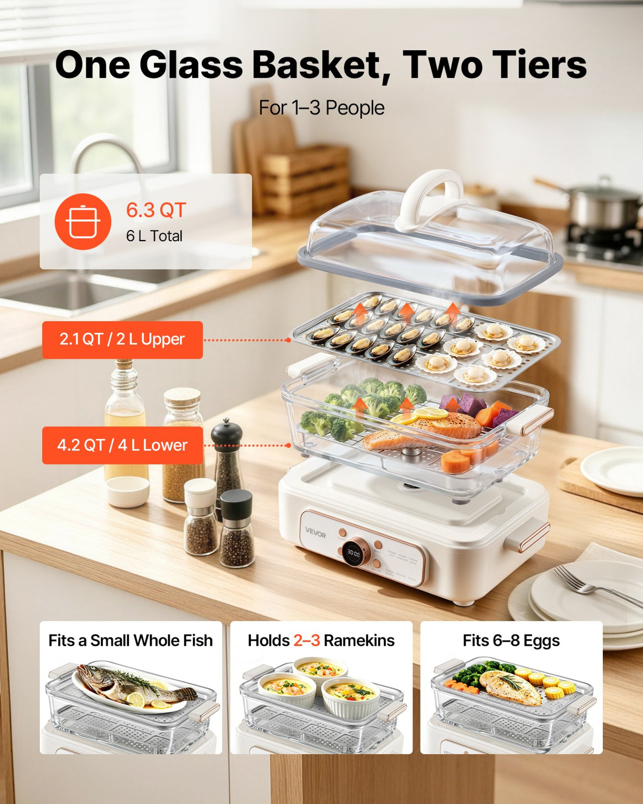 6.3QT Electric Food Steamer 2 Tier Stainless Trays 1200W White Cooker