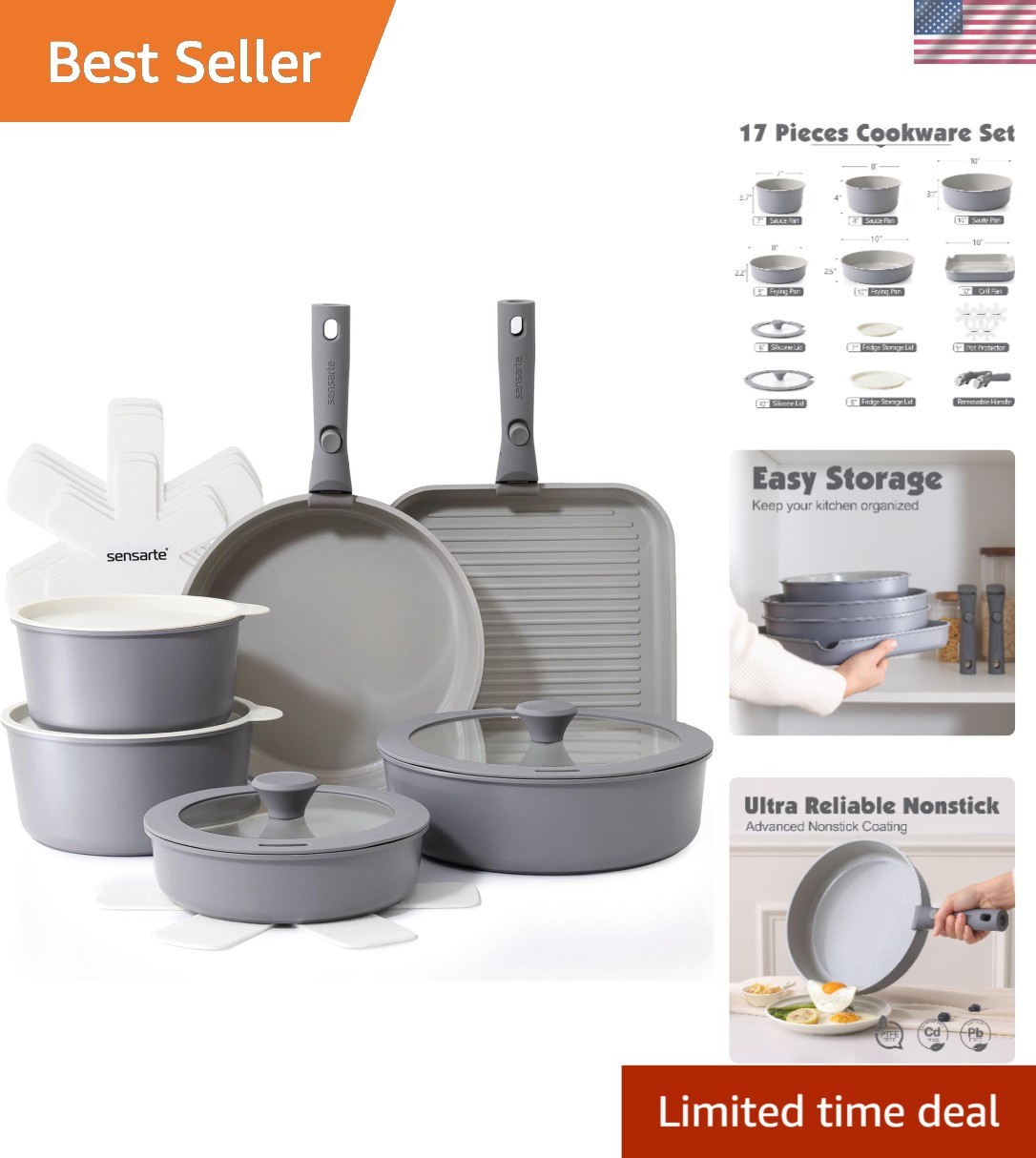 Luxury 17-Piece Induction-Compatible Ceramic Cookware Set with Removable Handles