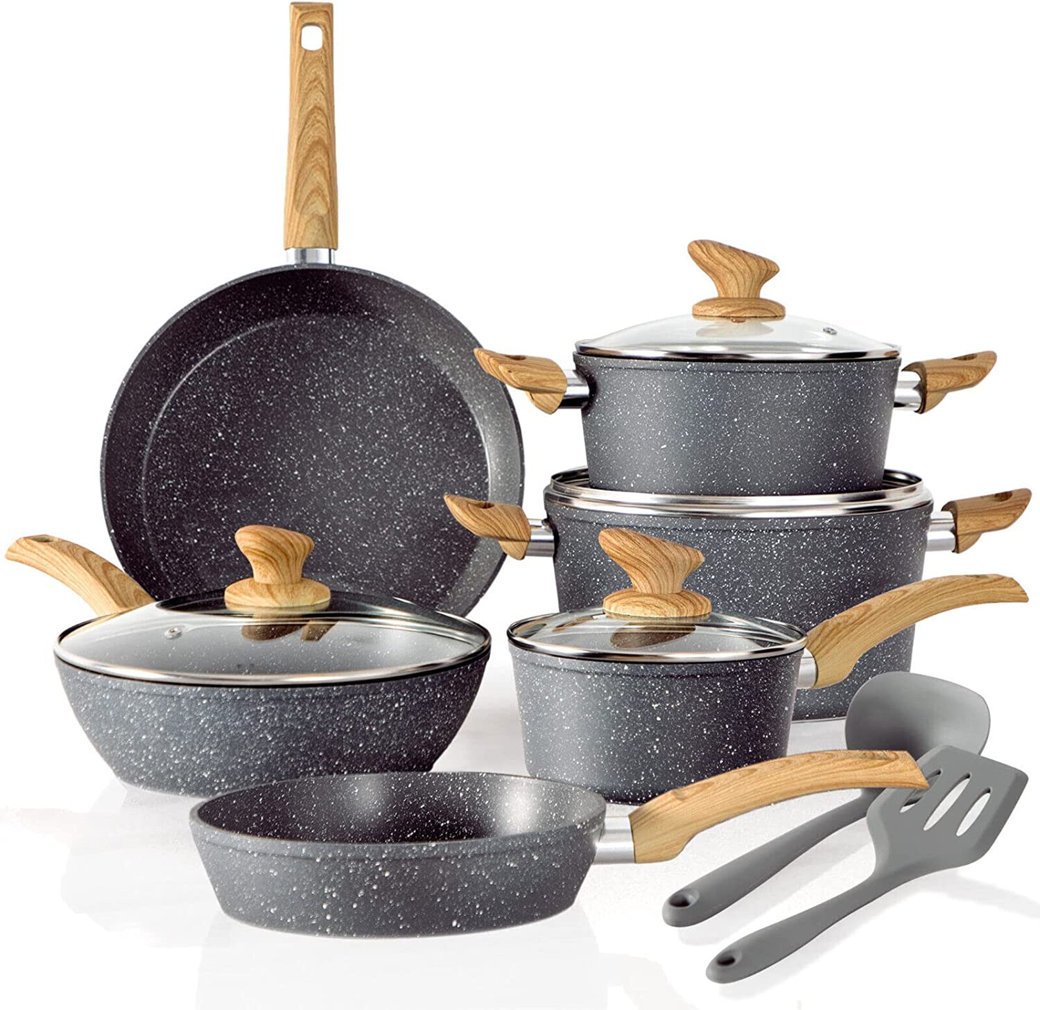 12 Pieces Hammered Cookware Set Nonstick Granite Coated Pots and Pans Set Gray