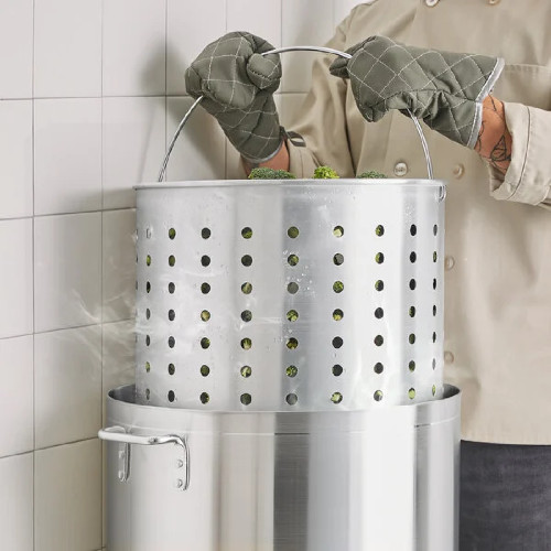 80 Qt. Aluminum Stock Pot Perforated Steamer Basket with Handle Footed Base